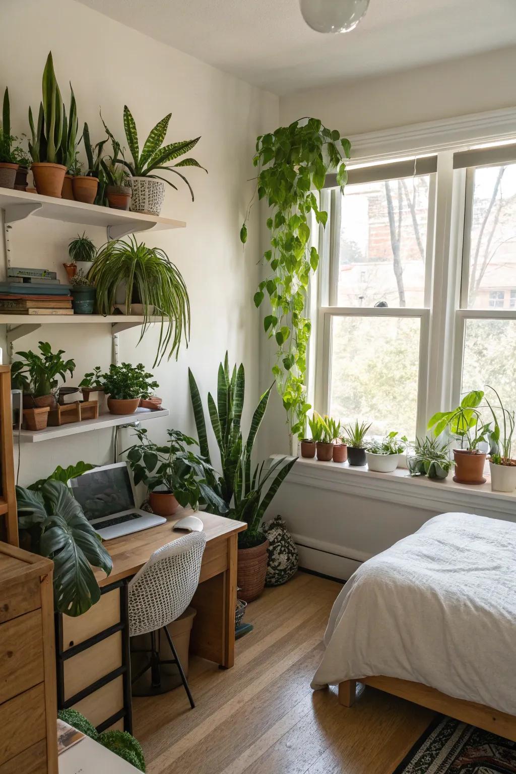 Indoor plants add freshness and life to a pristine bedroom.
