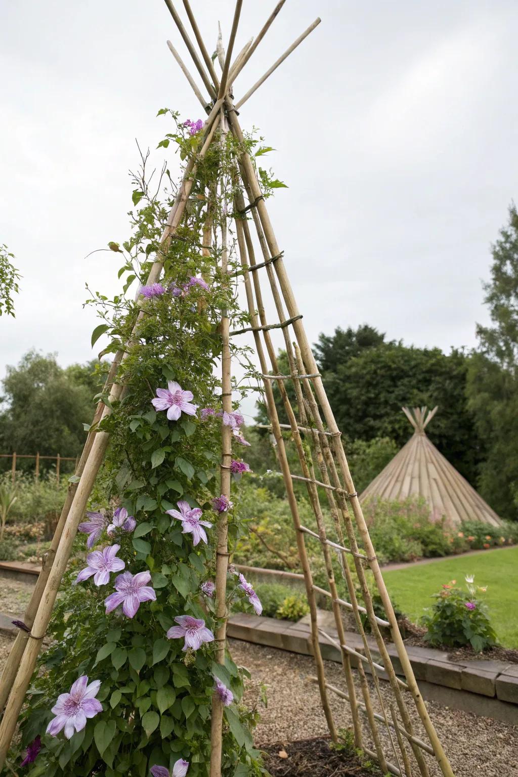 A bamboo teepee provides simple, minimalist support for clematis.