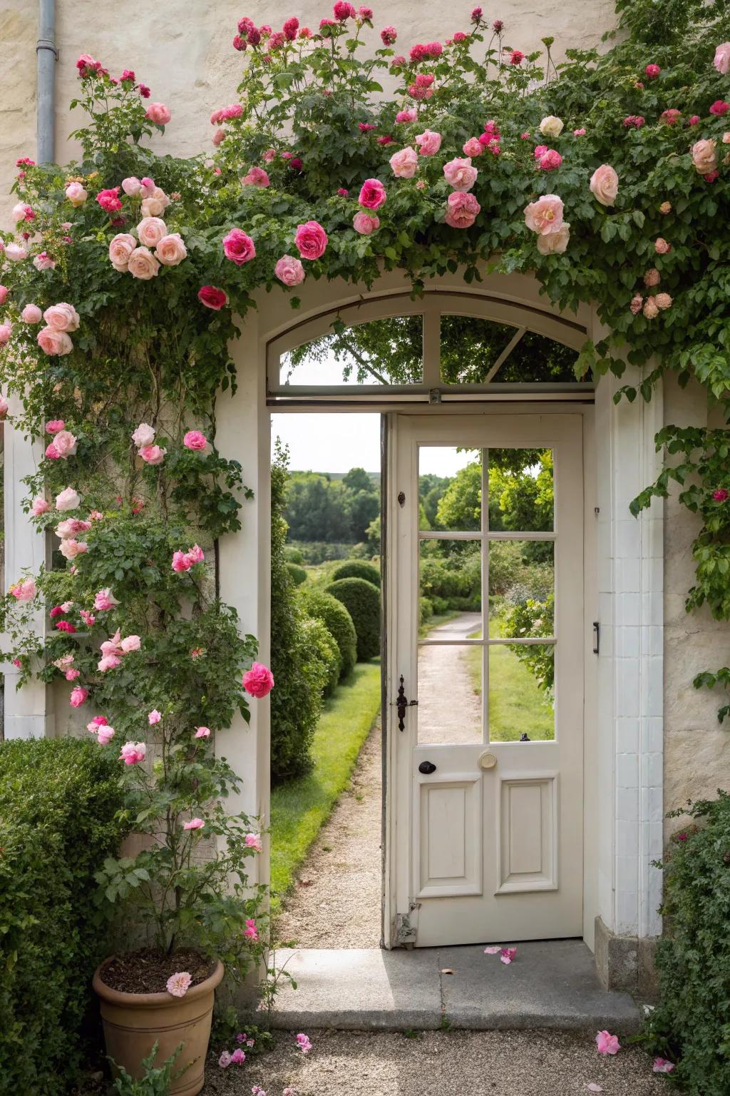 An entrance adorned with roses makes every home feel more welcoming.