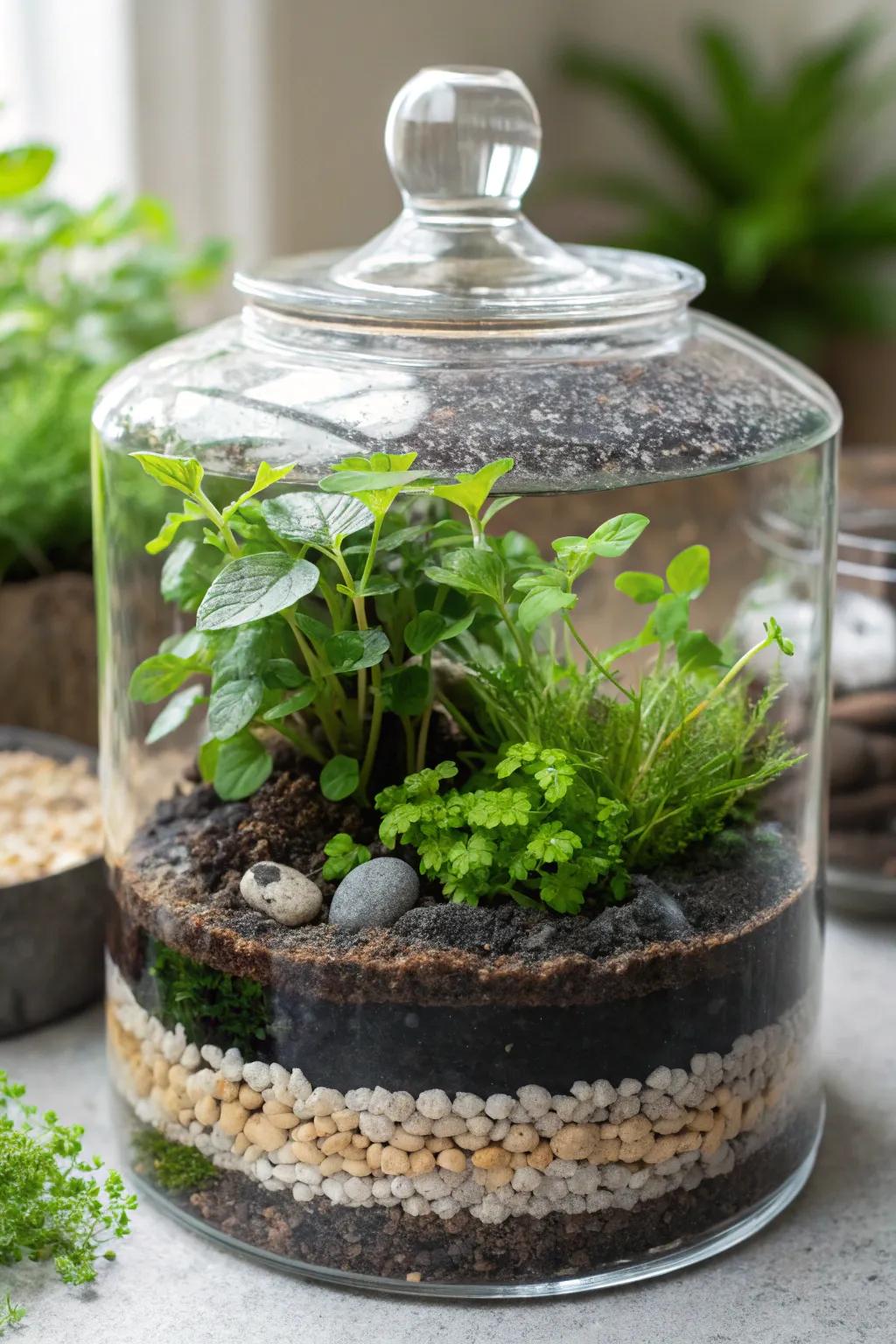 A tiered earth composition terrarium, displaying nature's detailed splendor.