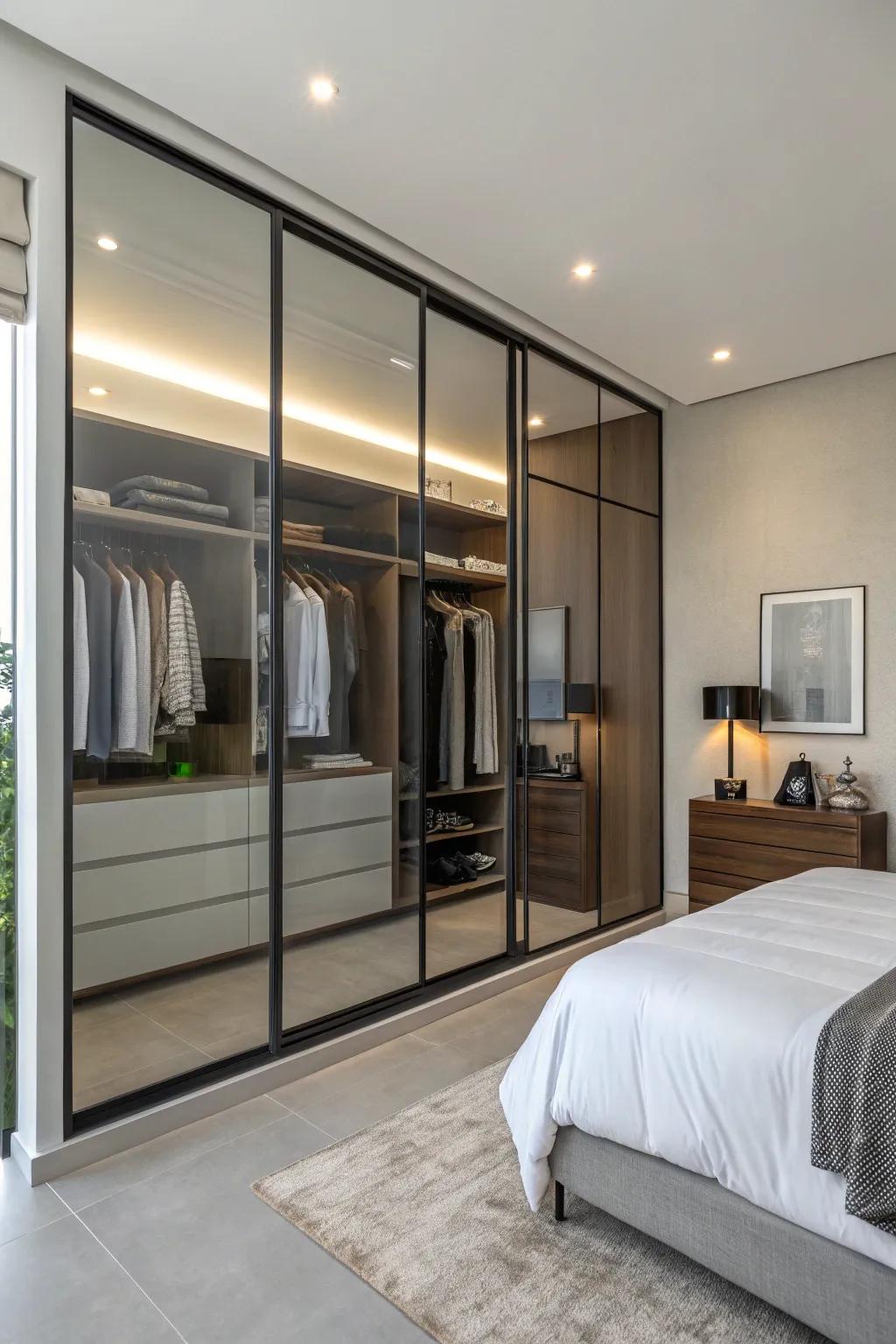 Glass paneling lends a modern vibe to closet doors.
