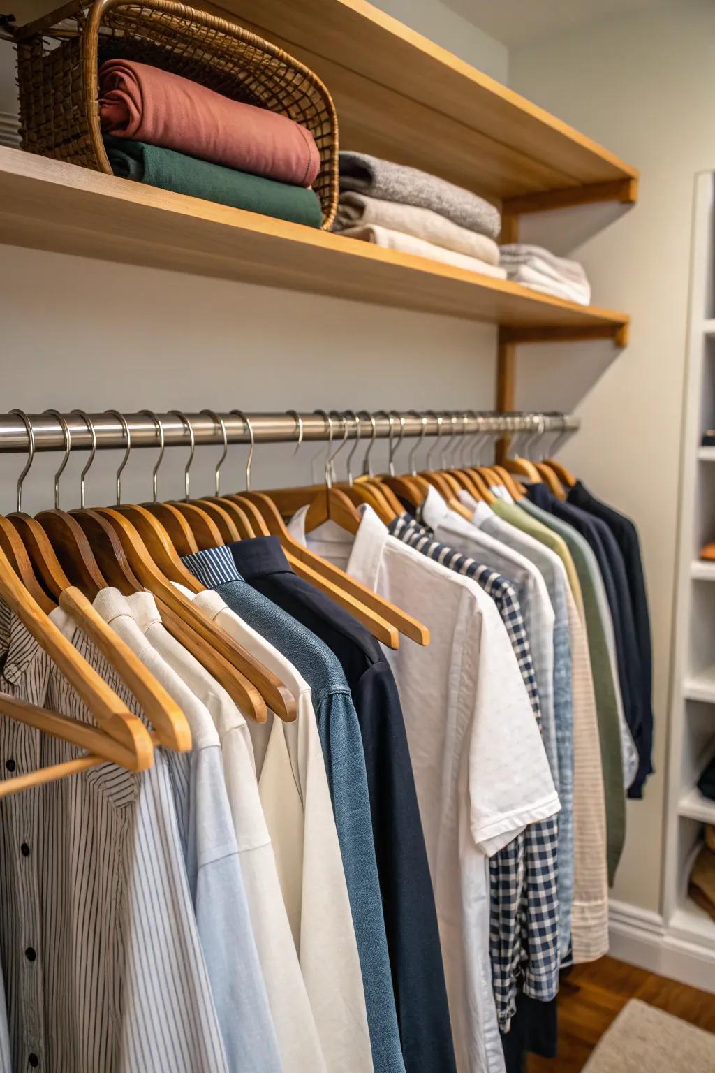 Wooden rods bring a classic elegance to closet spaces.