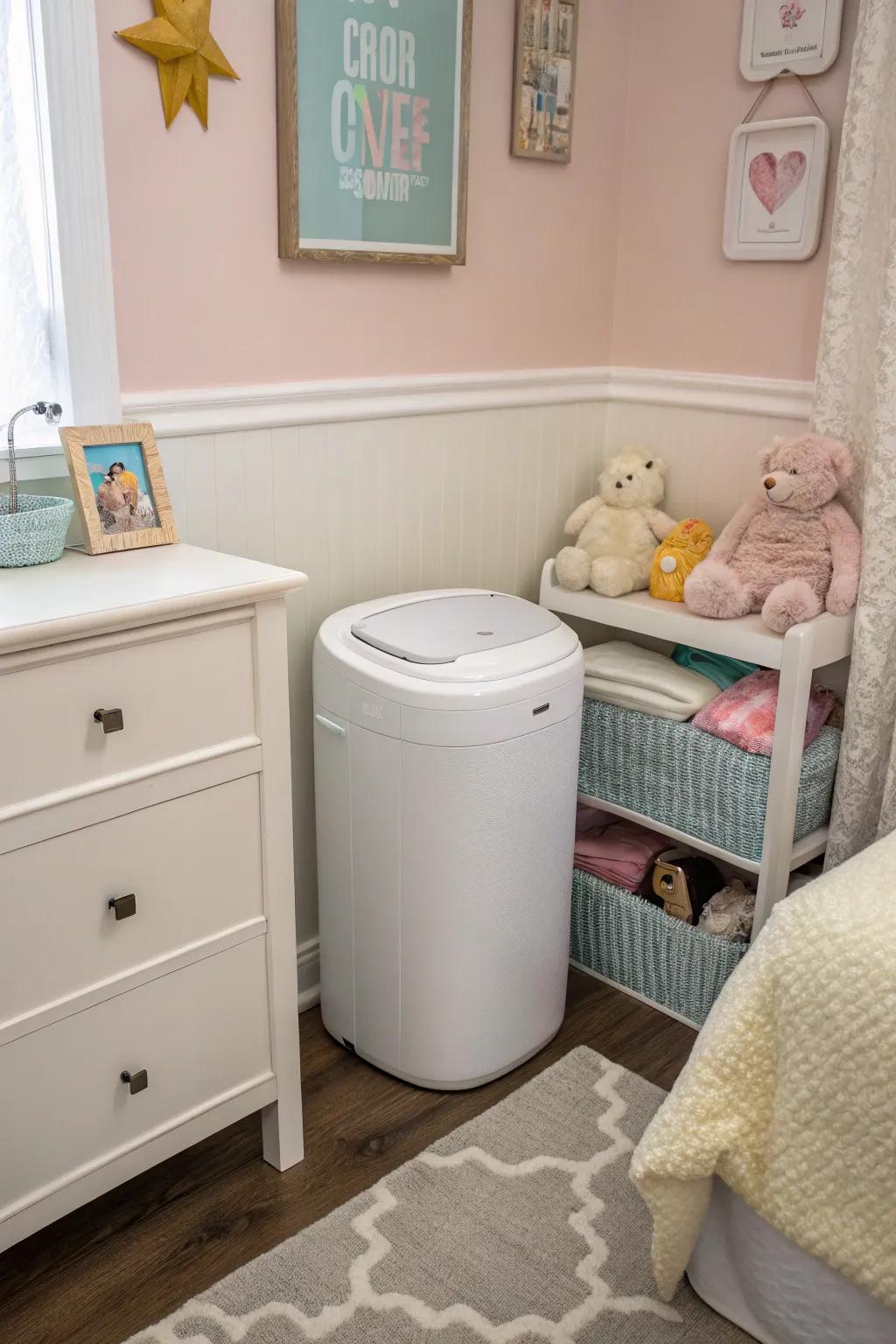 A reduced-size diaper bin fits neatly into a small nursery corner, enhancing space efficiency.