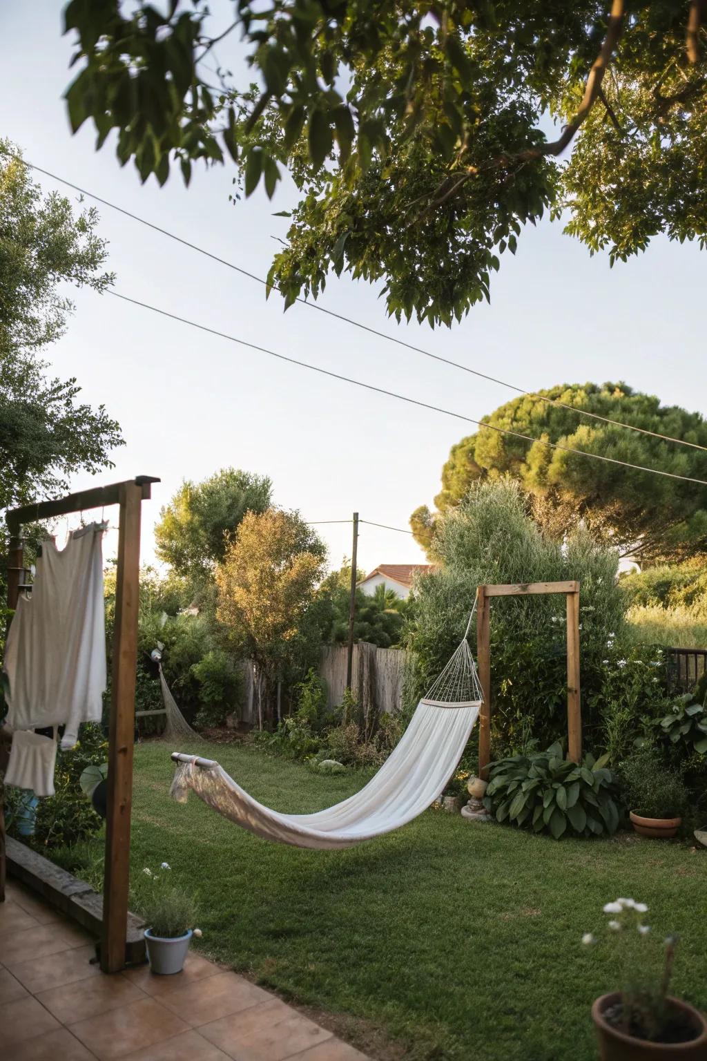 A relaxation-oriented clothesline featuring a hammock canopy.