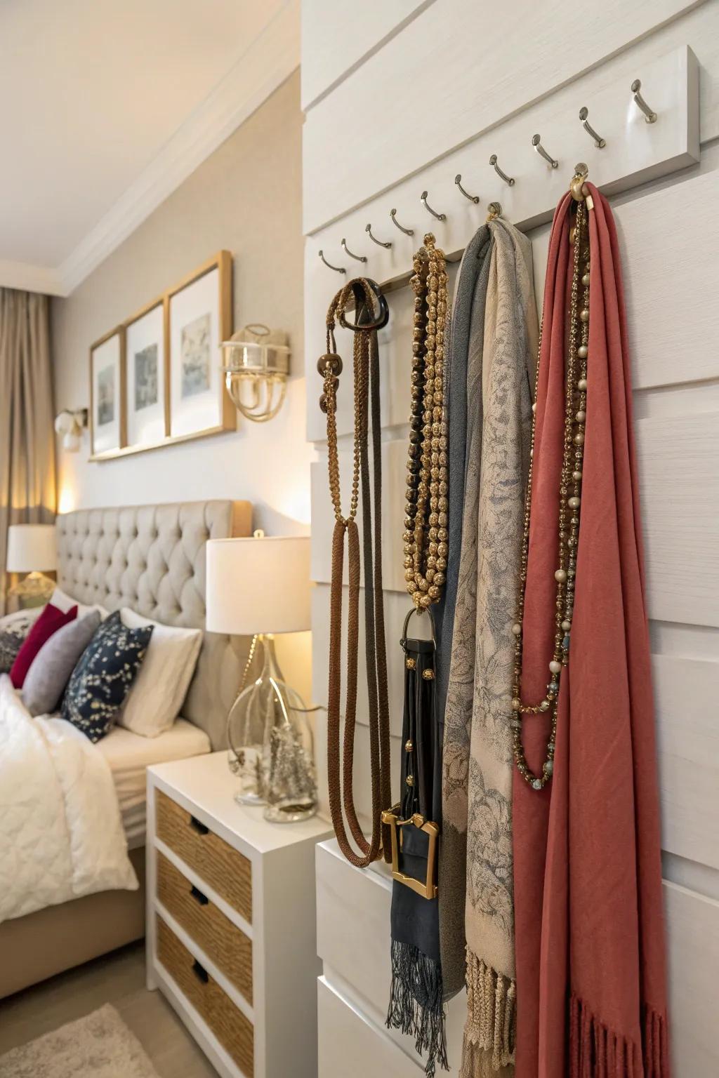 Hook racks are an excellent way to keep accessories well-organized.