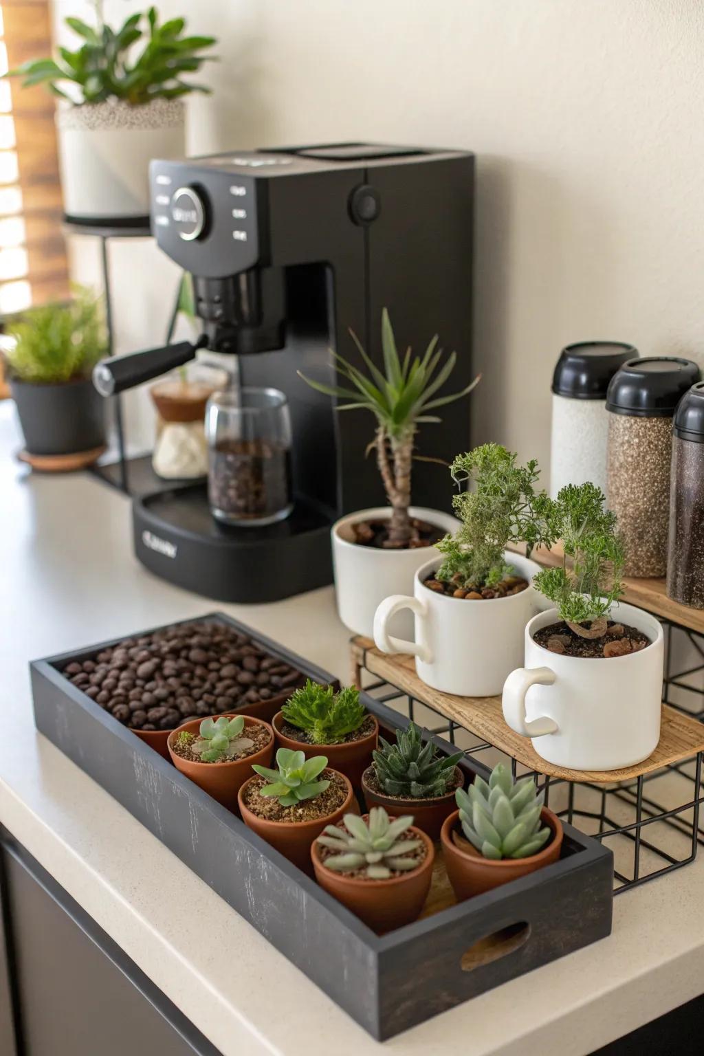 A touch of greenery with potted succulents.