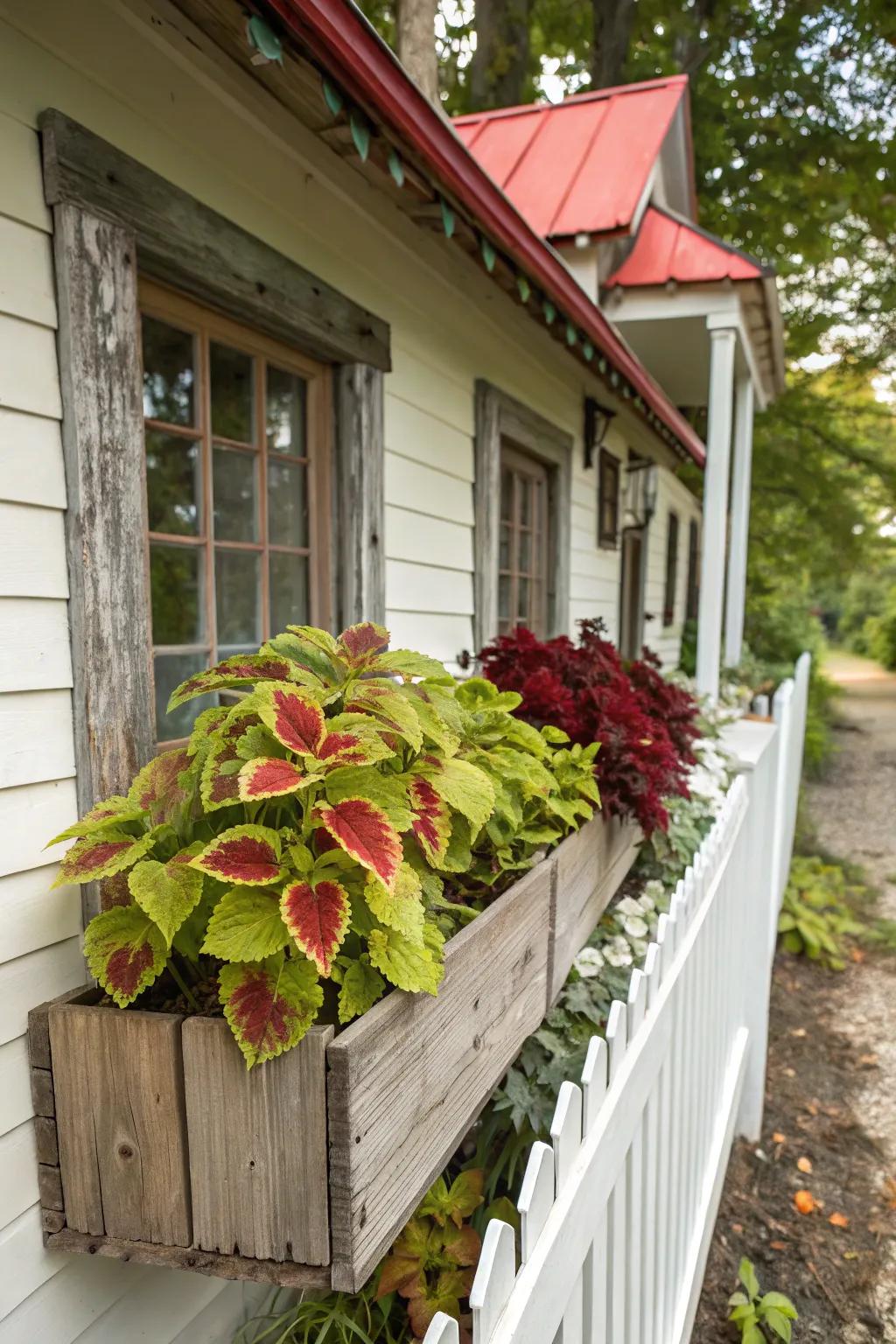 Rustic wood and vibrant coleus blend beautifully for charming curb appeal.