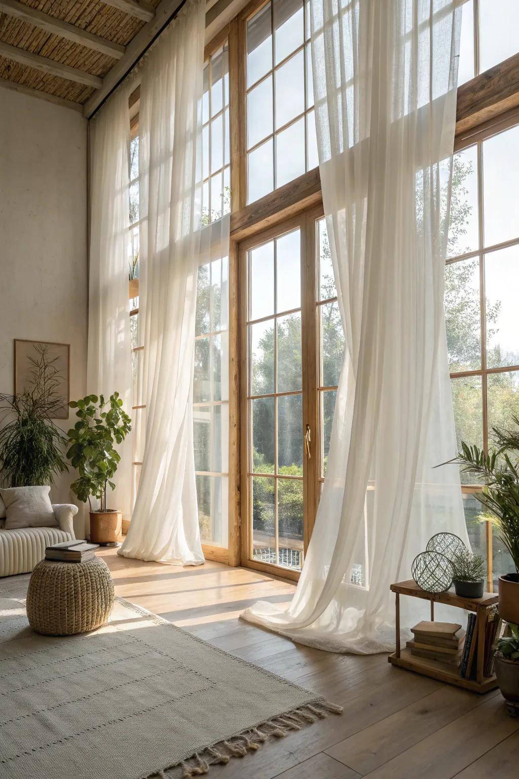 A bright and breezy room featuring large windows and sheer window coverings.