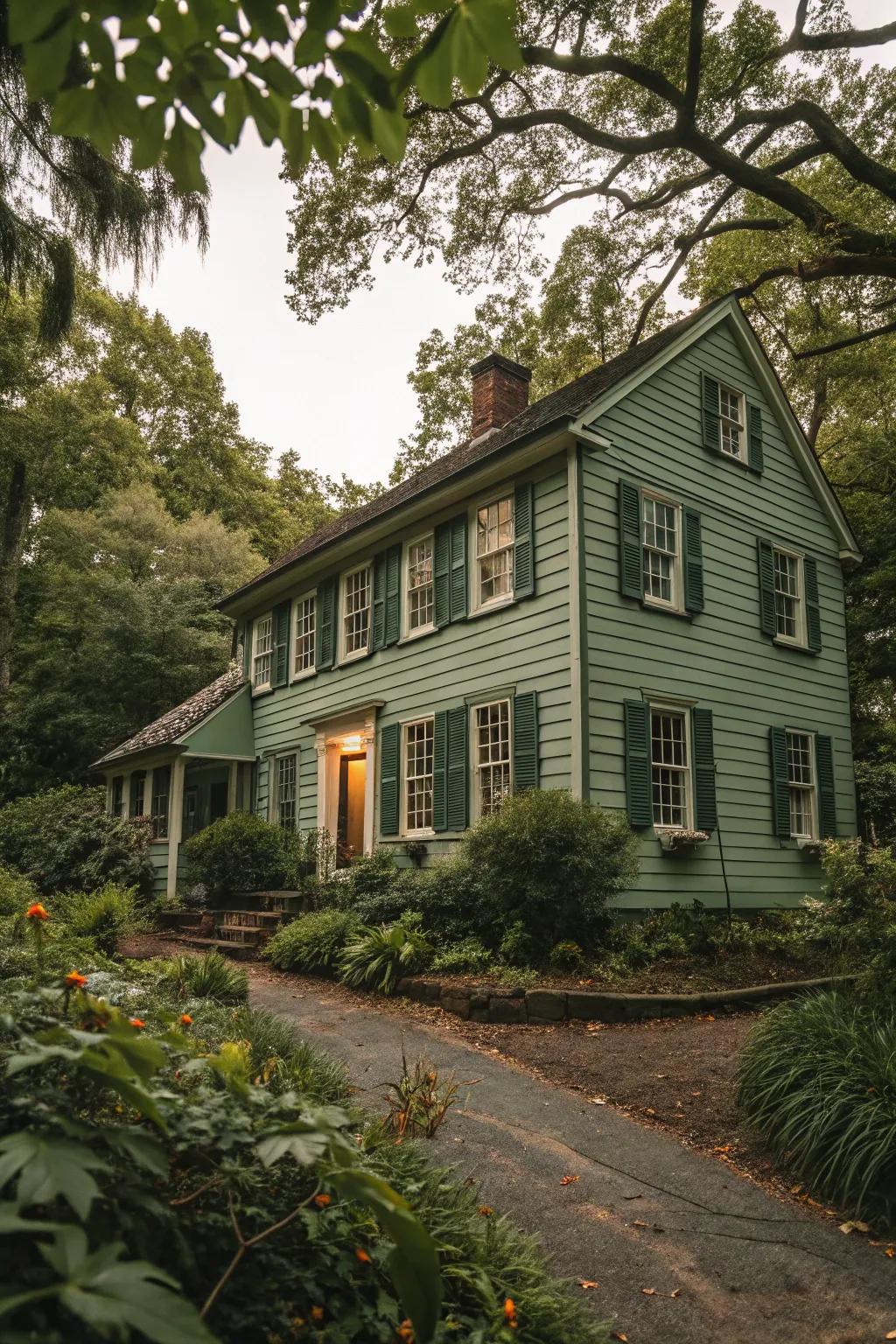 A colonial house harmonizing with nature through a muted green color scheme.