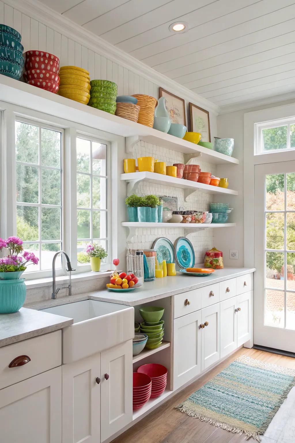 Open shelving with colorful dishware adds versatility and charm.