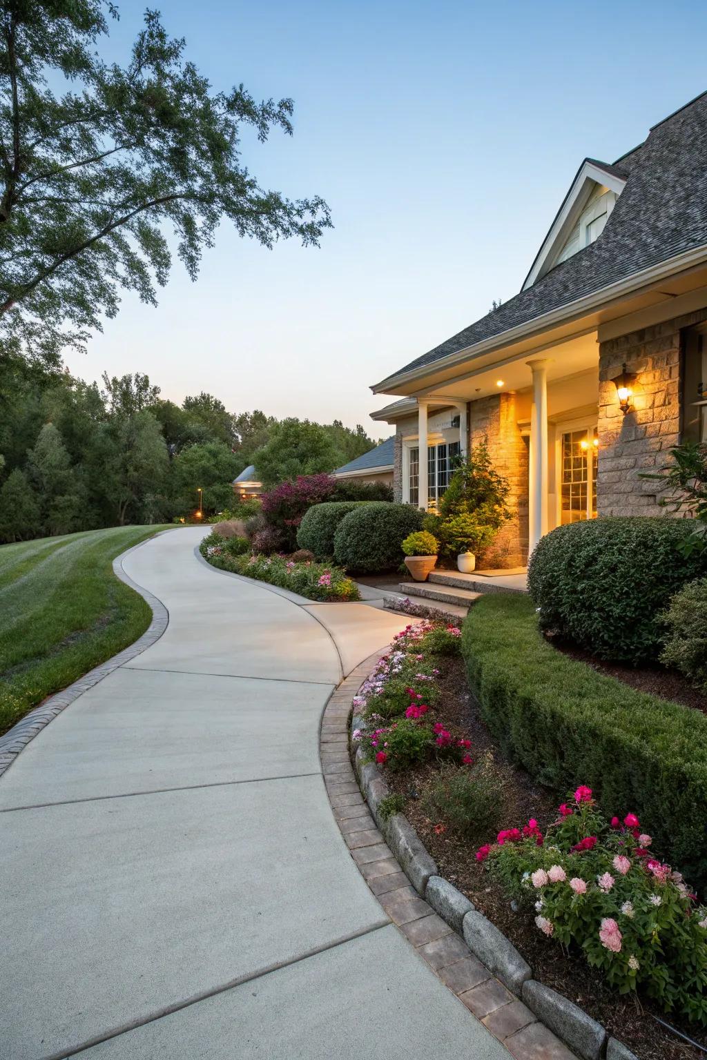 A curved driveway layout introducing grace and flow.