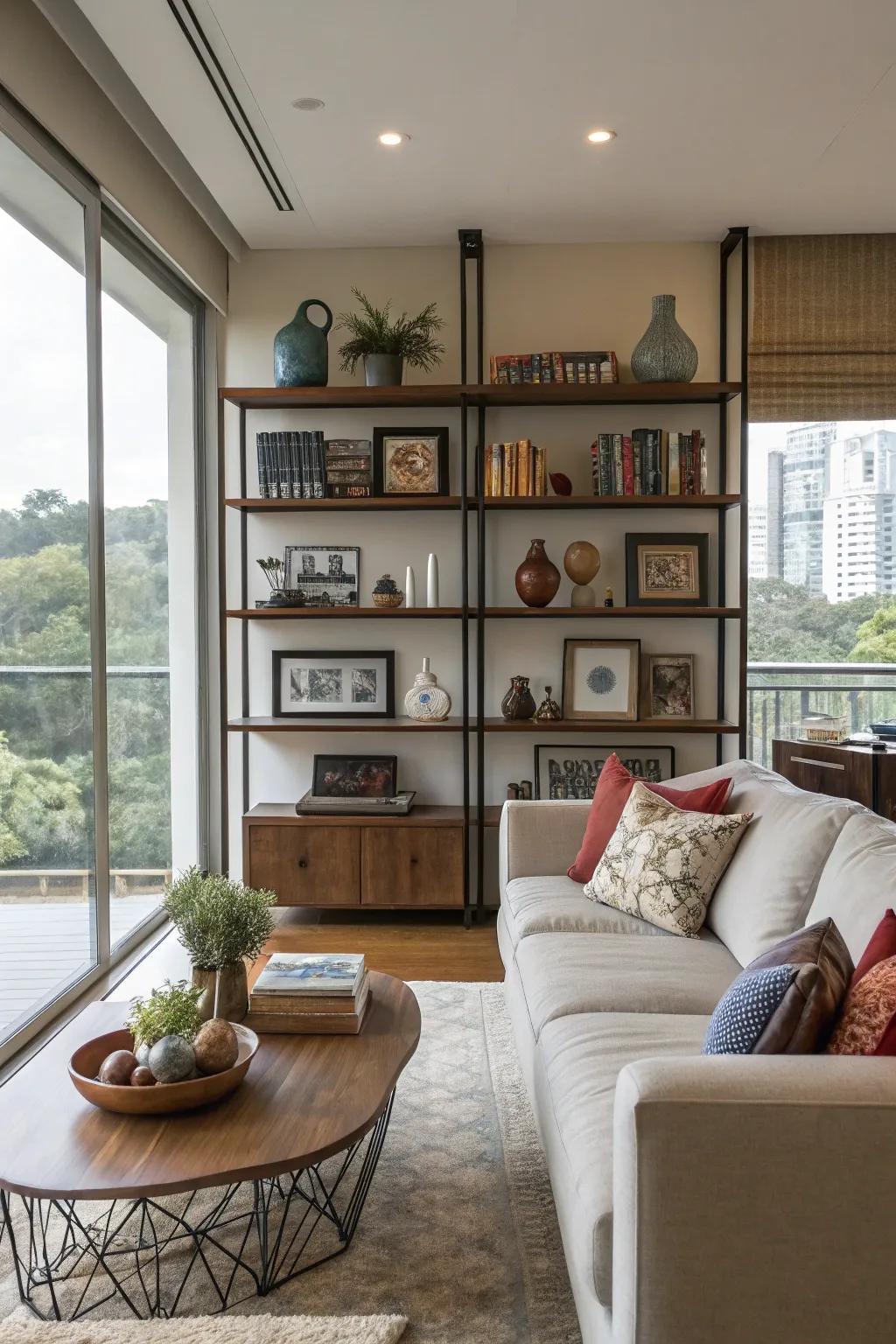 Sky-high storage options maximizing space in a condo living area.