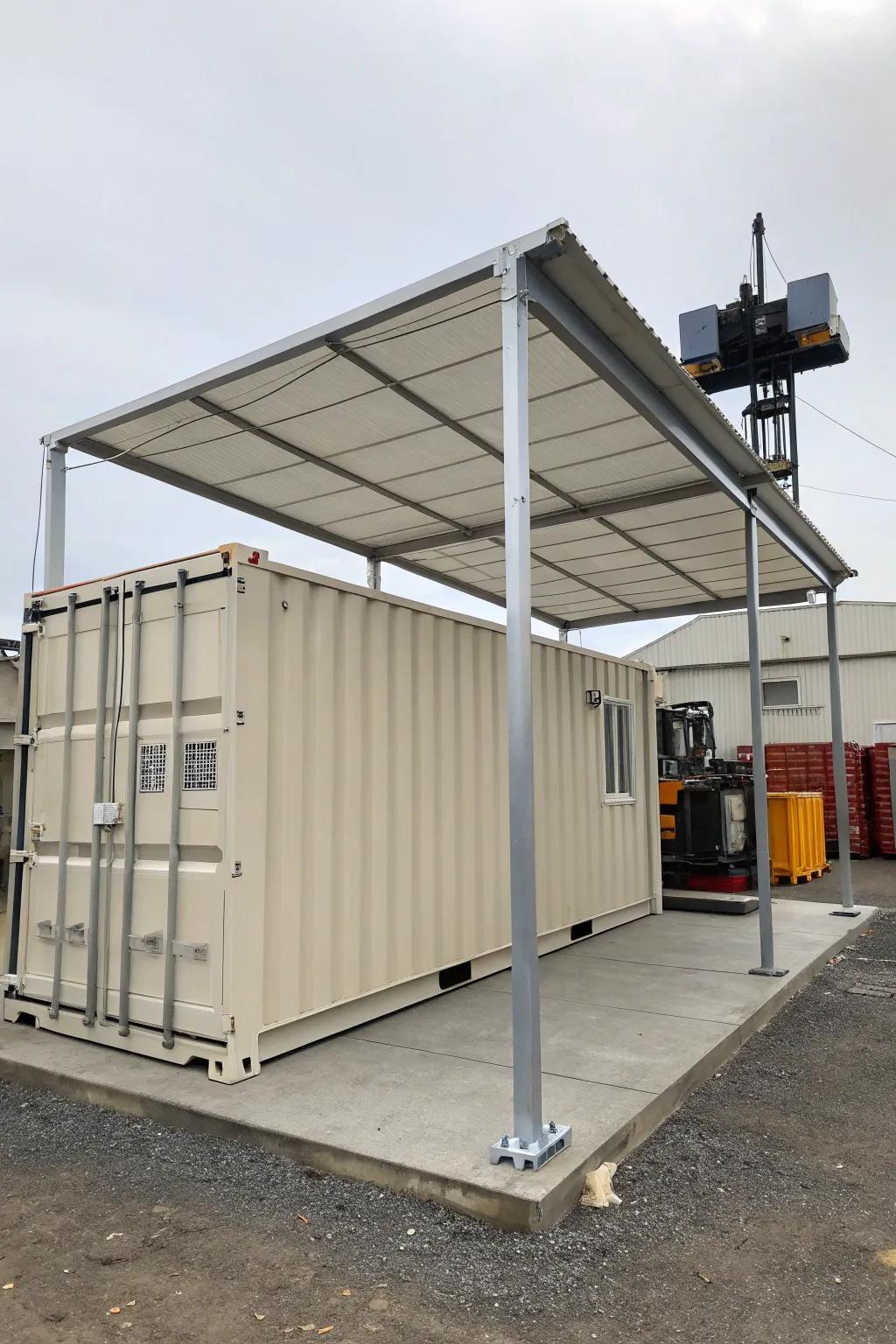 Merge a container and a shelter outside to boost storage capabilities.