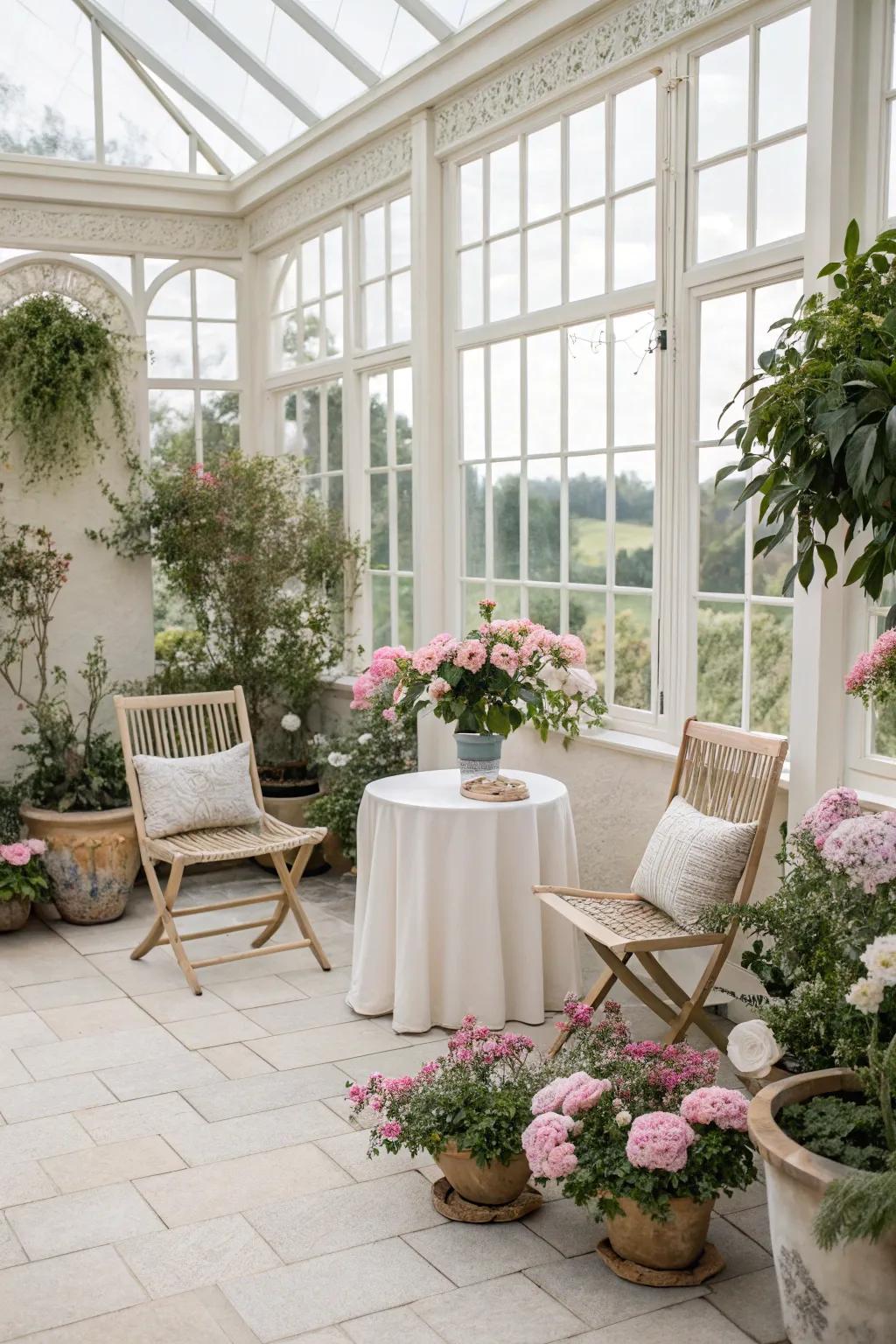 A peaceful sunroom styled in gentle, neutral colors.