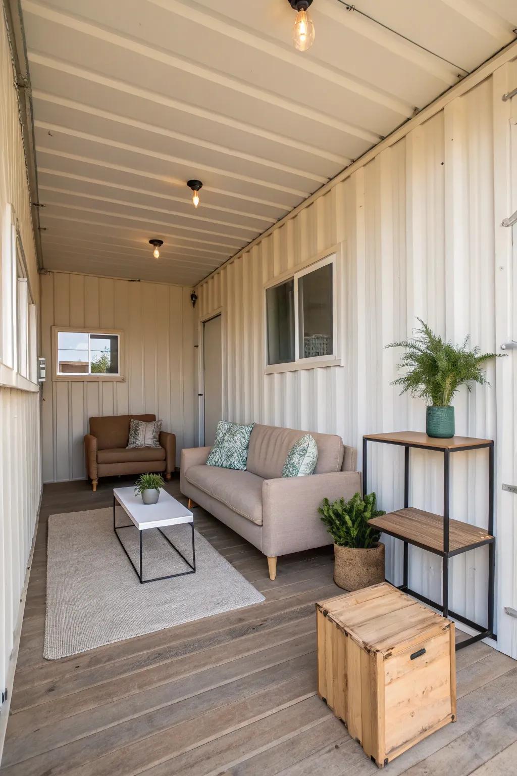 A container house displaying a minimalist and refined interior.