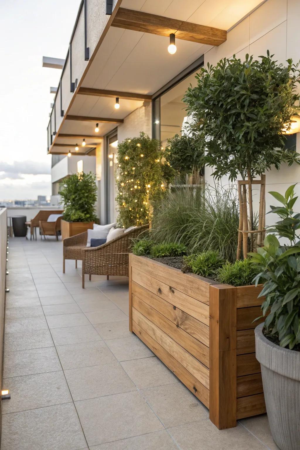 Natural elements like greenery and wood create a harmonious patio atmosphere.