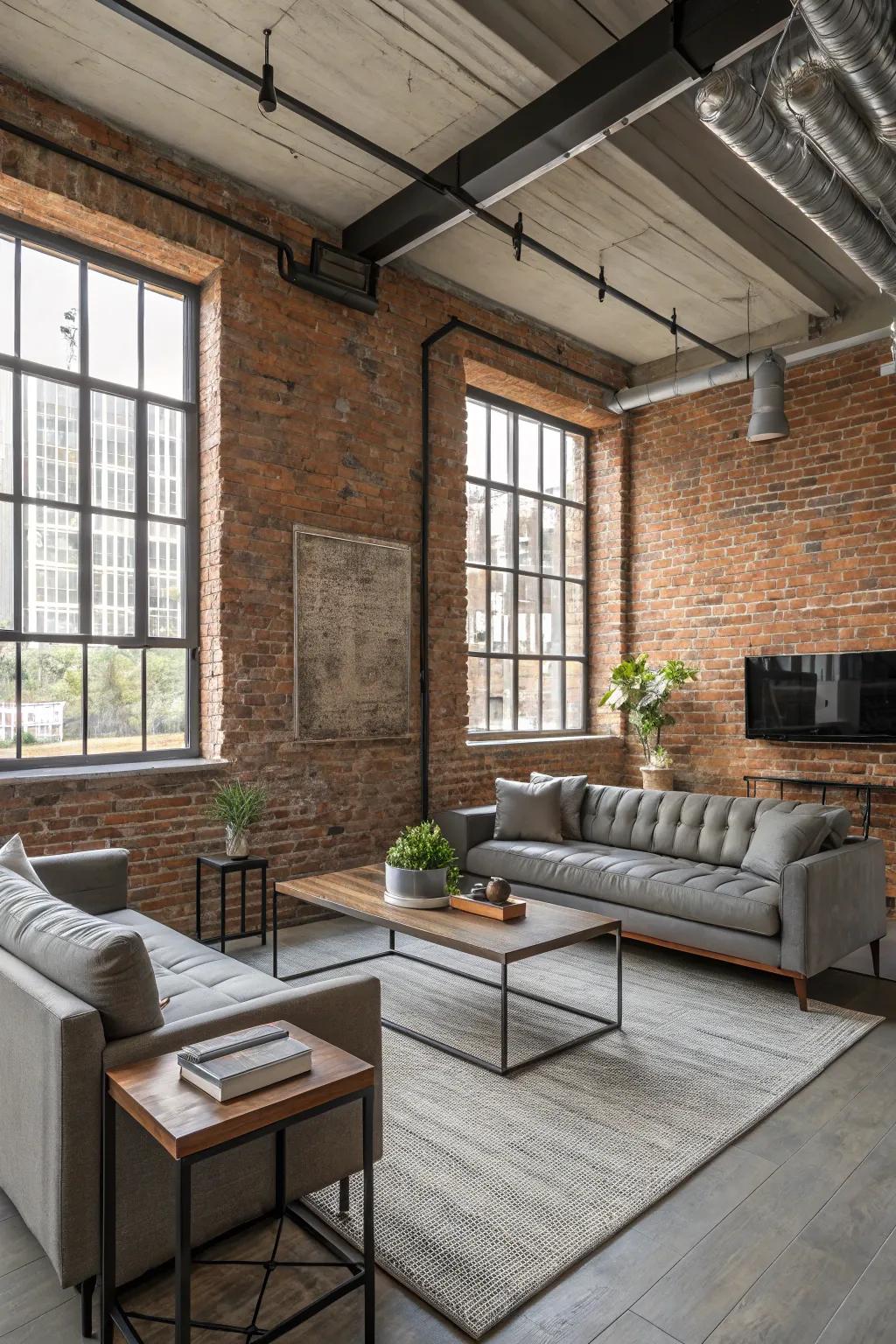 A factory-stylish content wall with uncovered brick