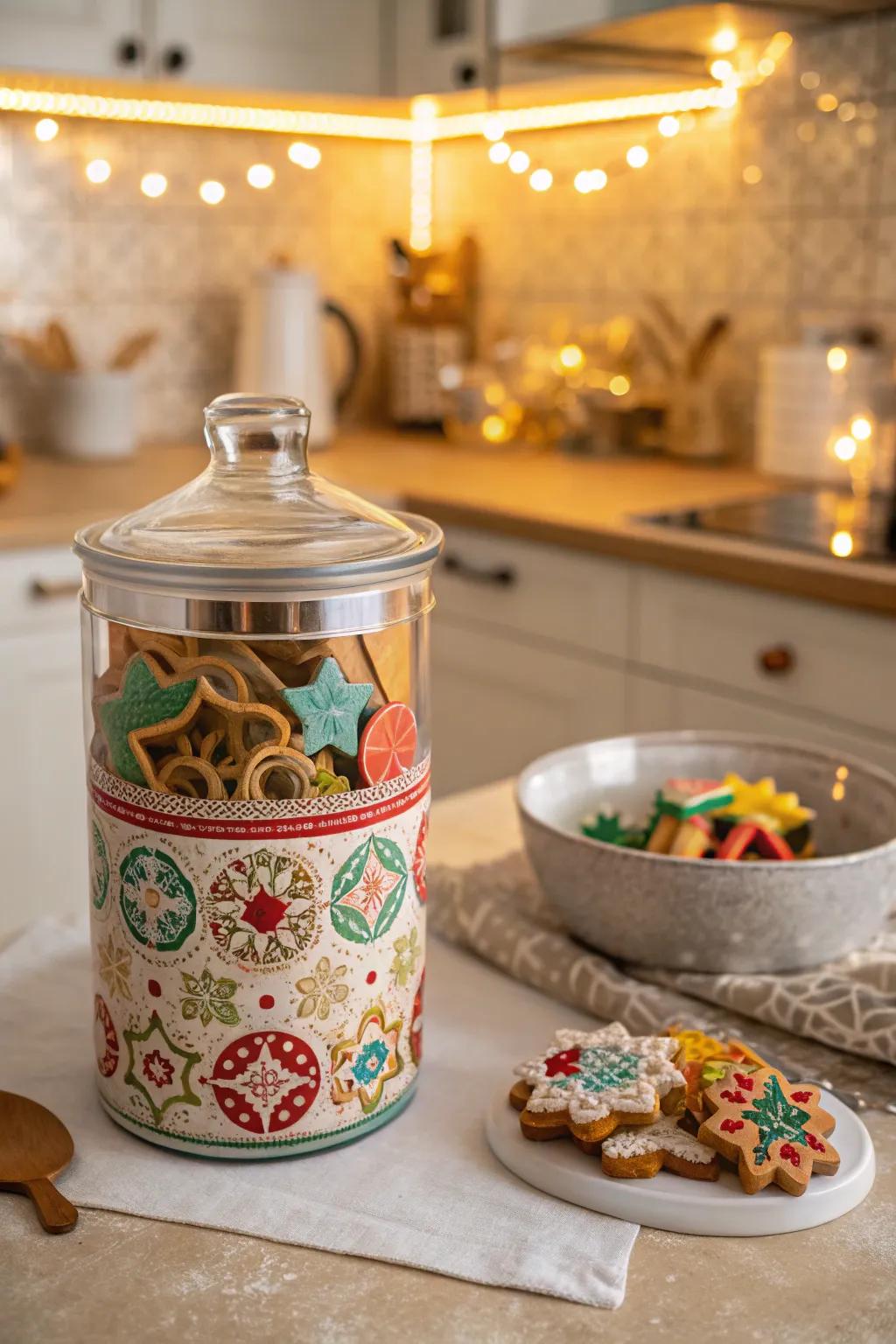 A treat canister holding cookie embossers, adding appeal to the kitchen.