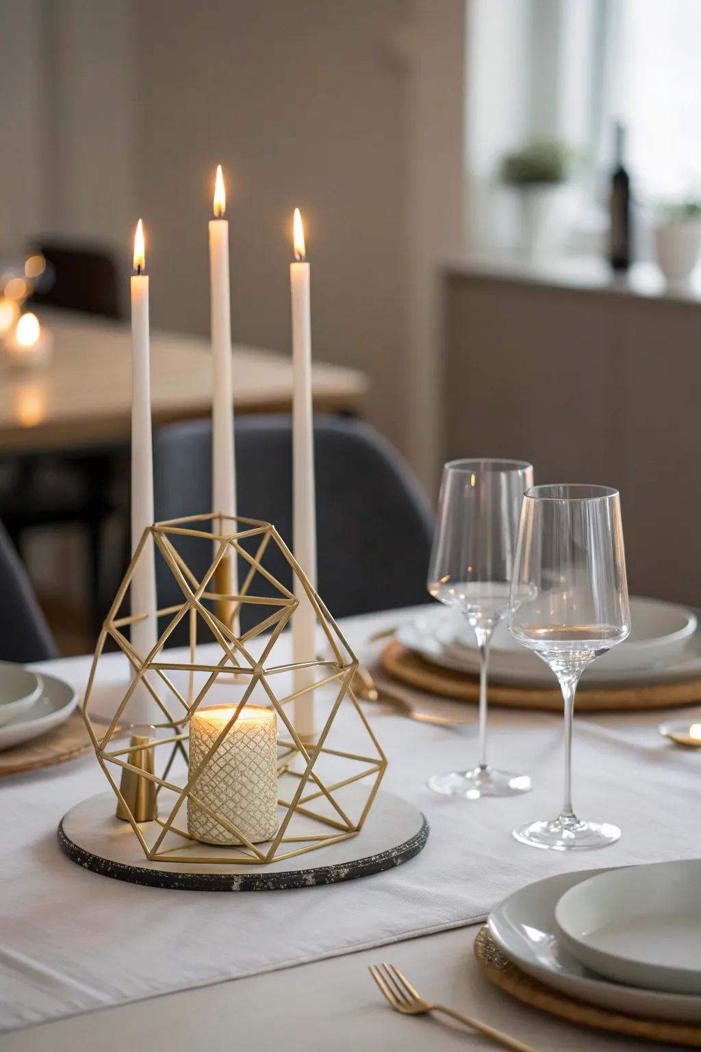 Angular candle compositions inject a modern flair.