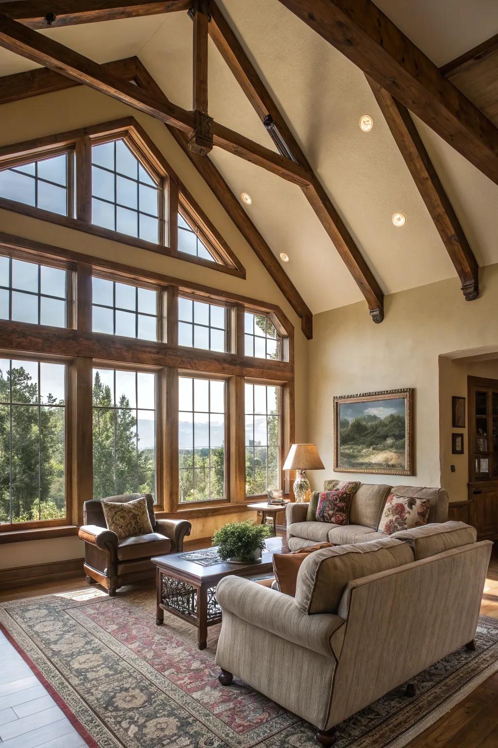 Structural features like expansive windows bring natural light and charm to this space.