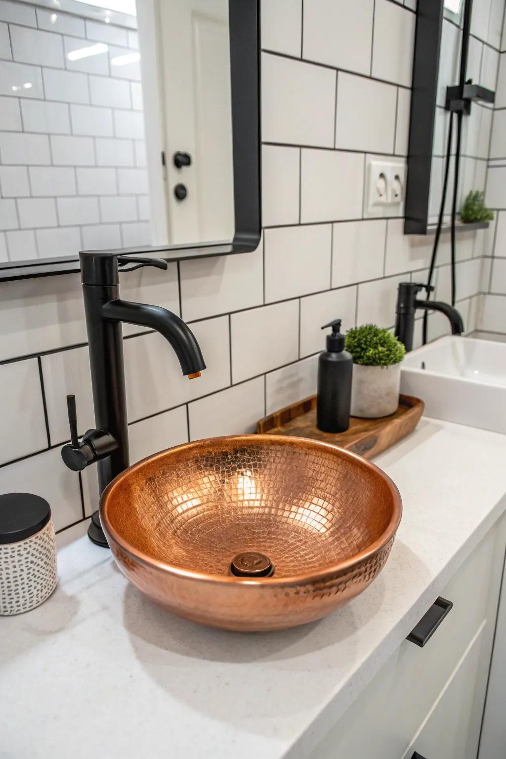 Dark fixtures enhance the inviting warmth of the copper sink, resulting in a modern bathroom atmosphere.