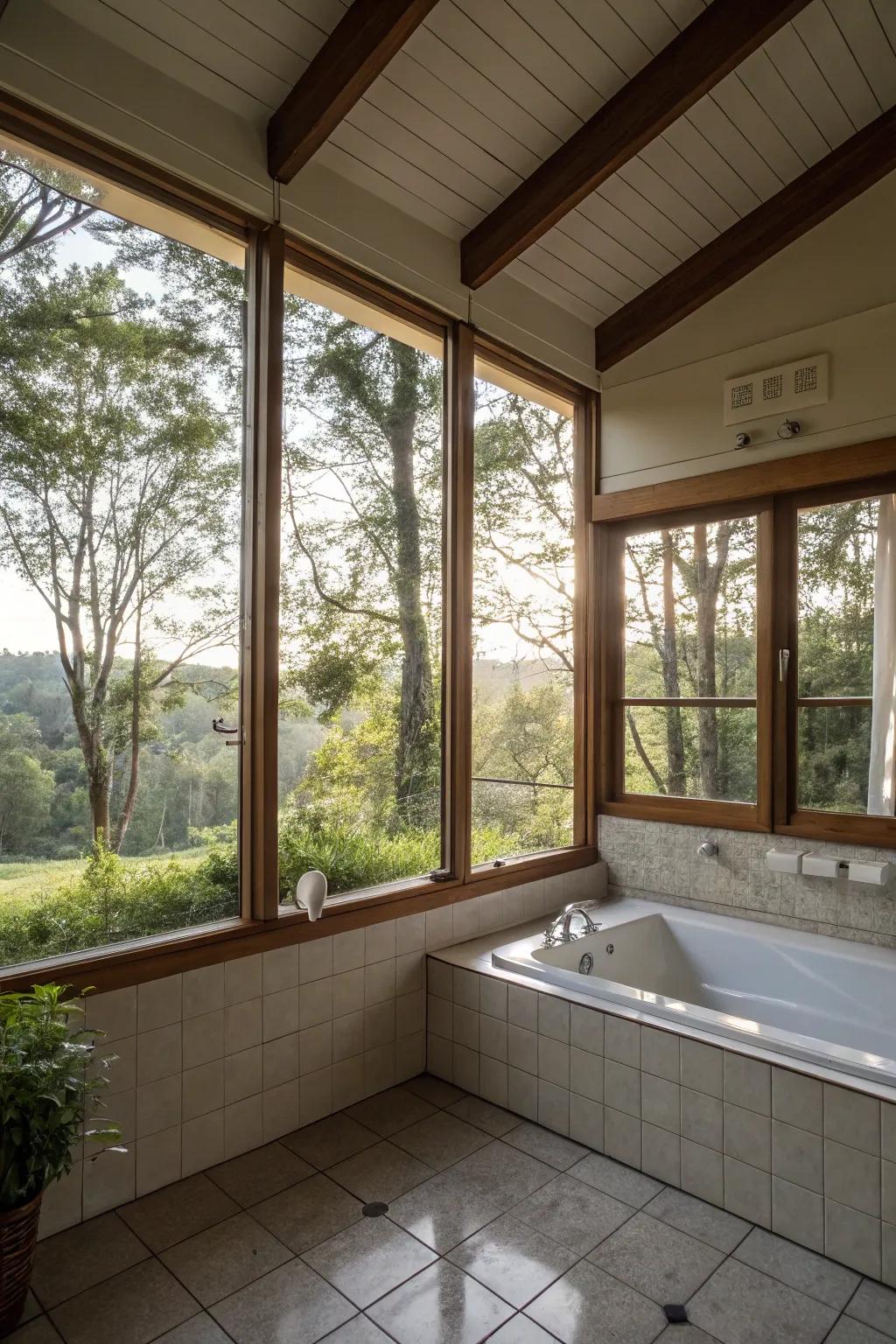 Large windows in a bathroom corner fill the space with light.