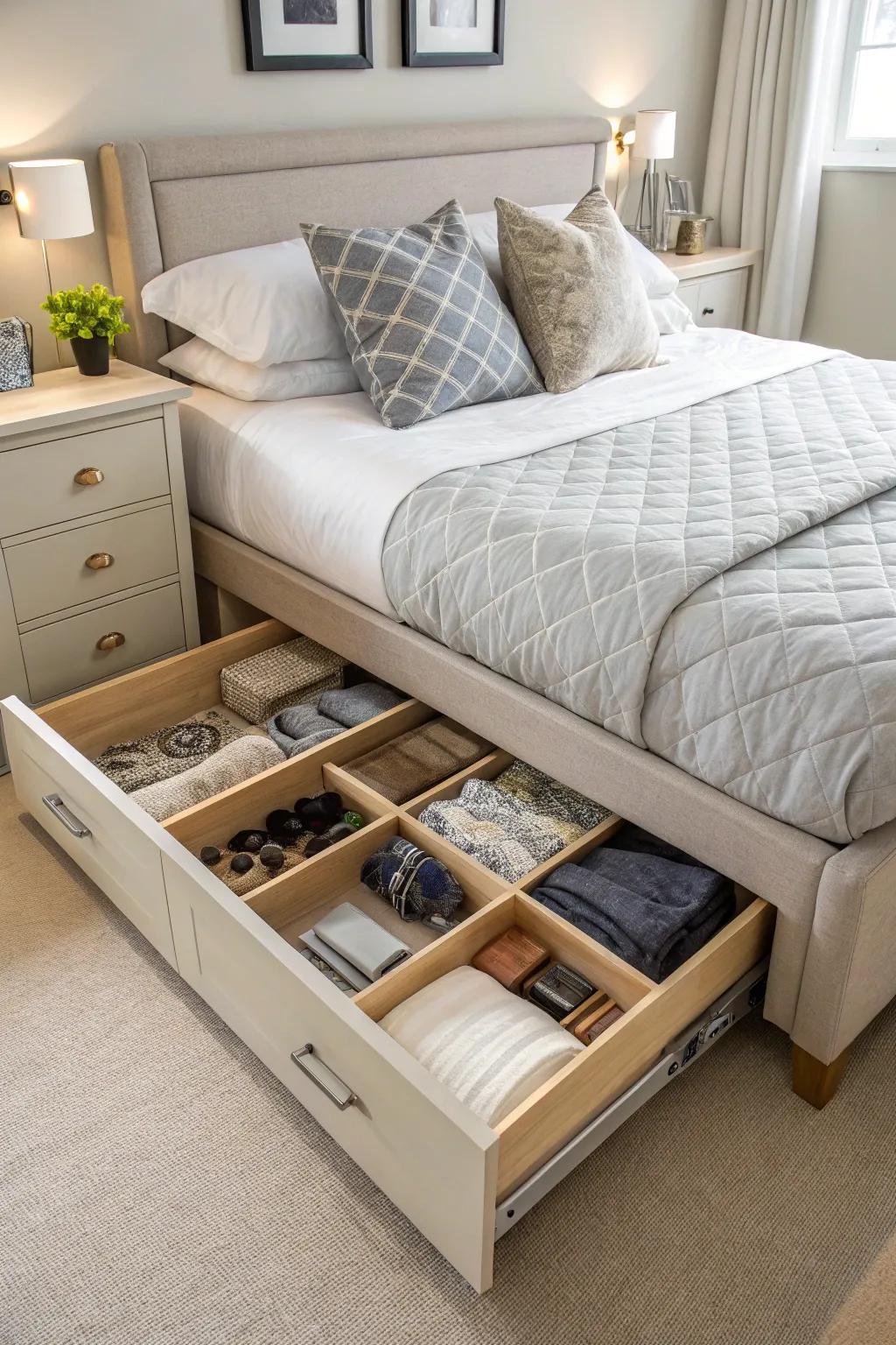 Under-bed storage helps keep your space neat and arranged.