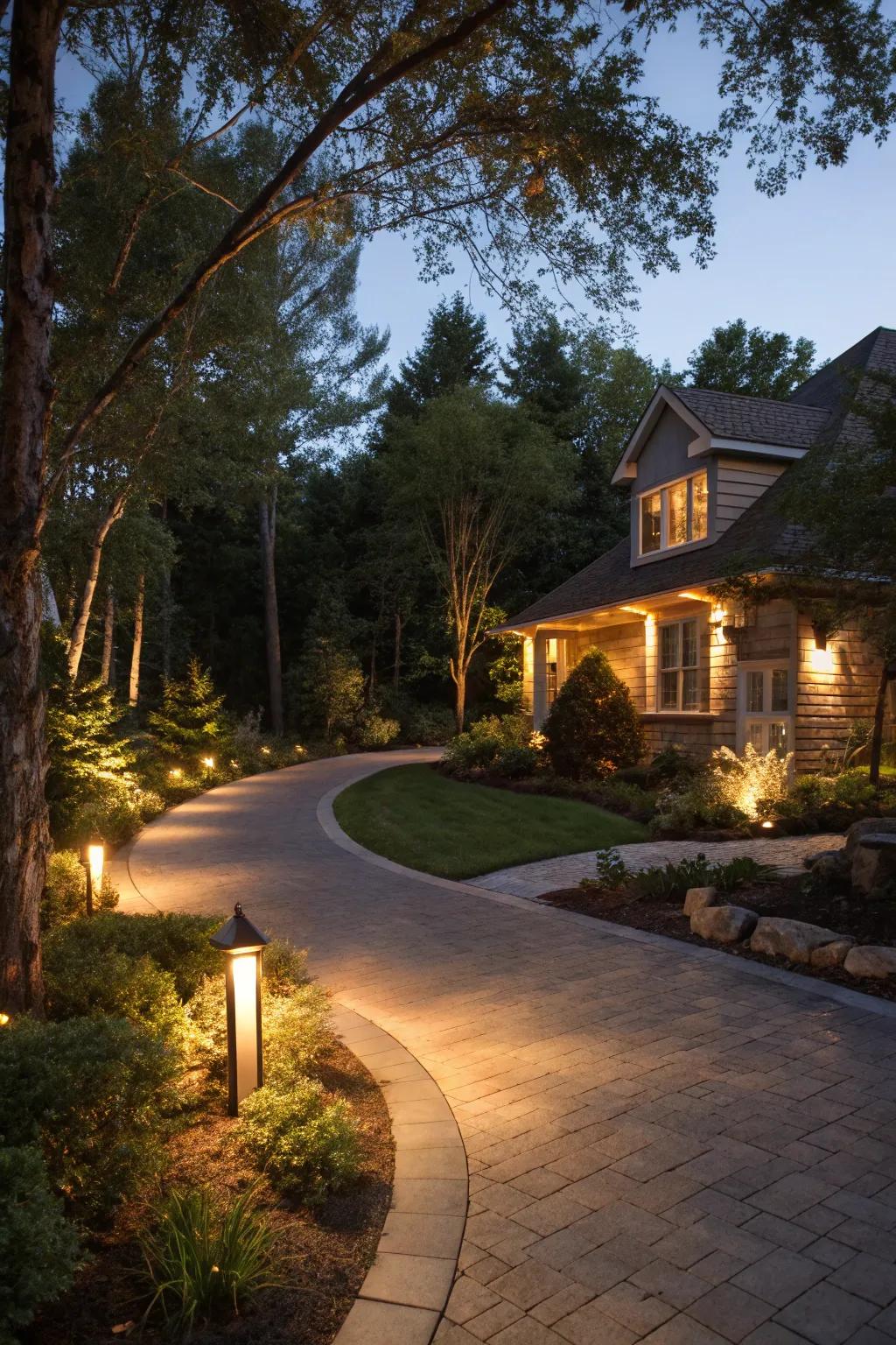 Enchanting accent lighting creating a welcoming ambiance around a driveway entrance.
