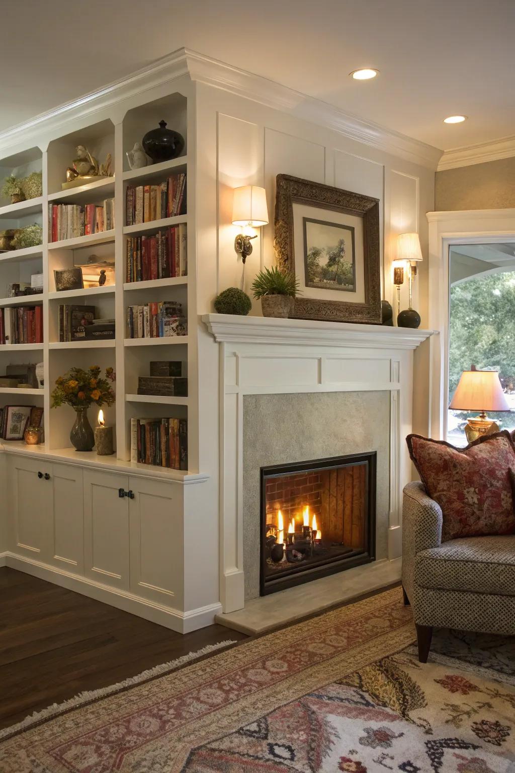 Integrated shelving encircling a corner fireplace for enhanced practicality and aesthetics.