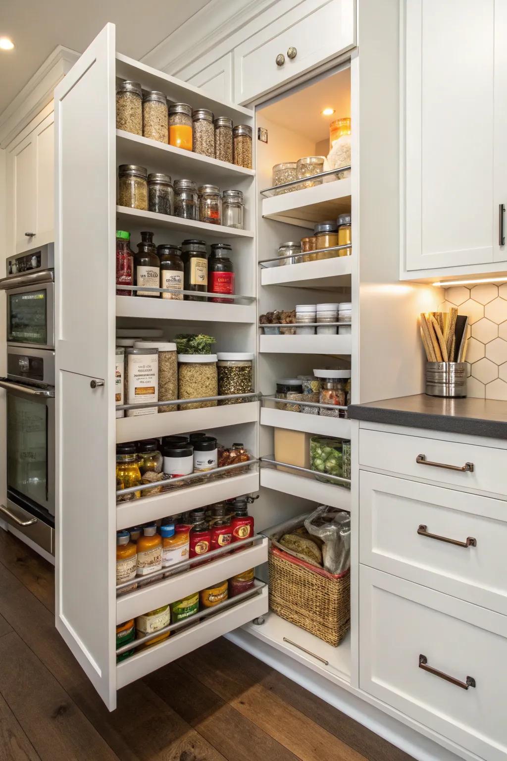 Corner pantry fitted with easy-access, slide-out drawers.