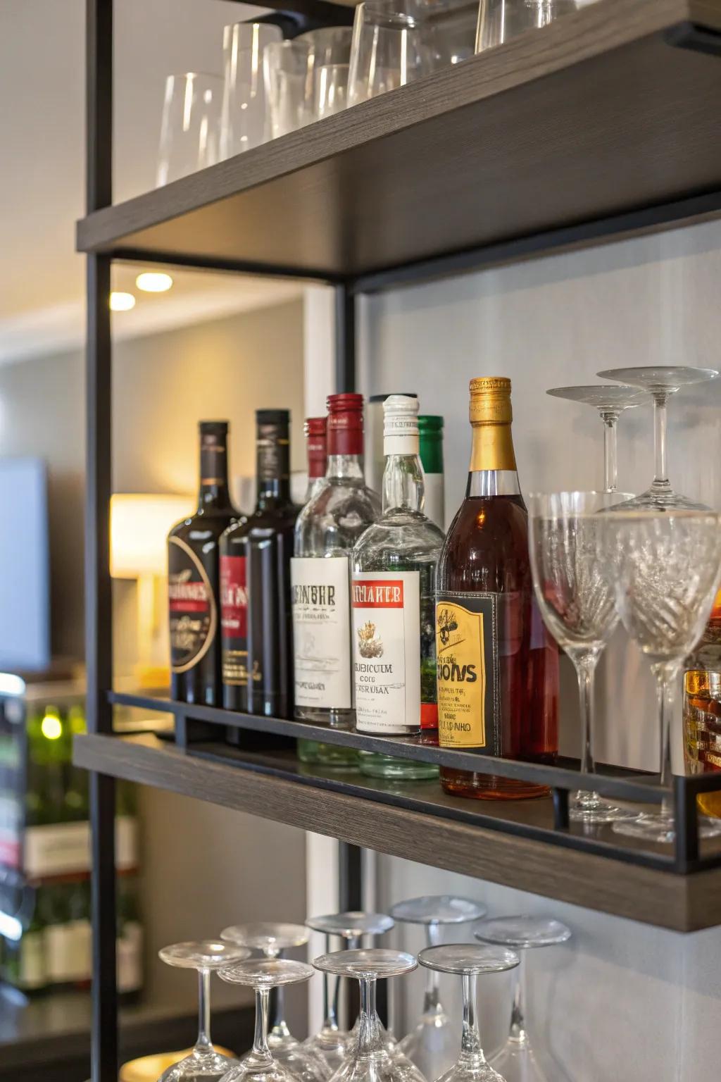 A corner shelf transformed into a mini bar.