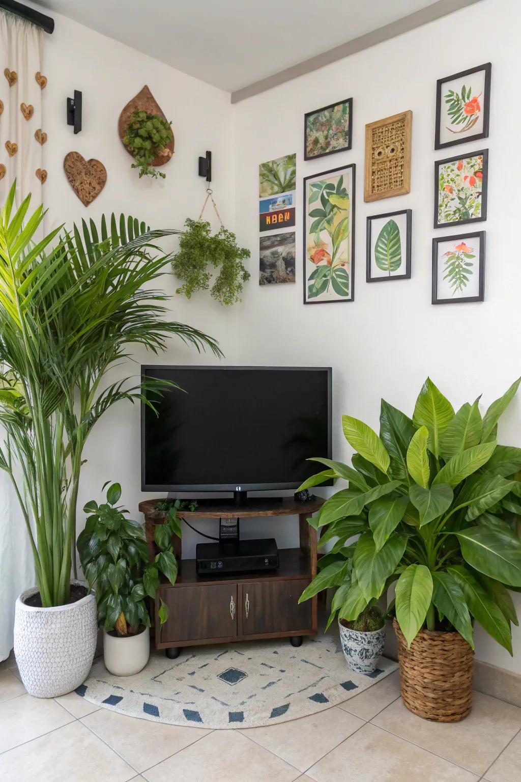 Decorative embellishments inject warmth and flair into a corner TV area.