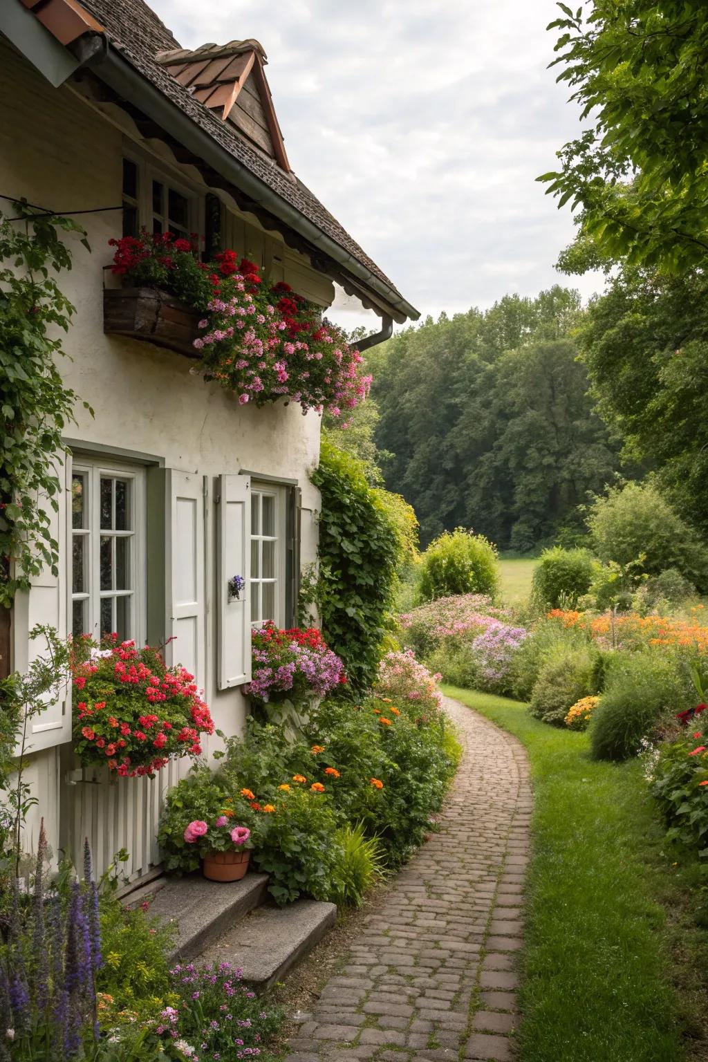 A charming cottage-style home embraced by a vibrant garden.