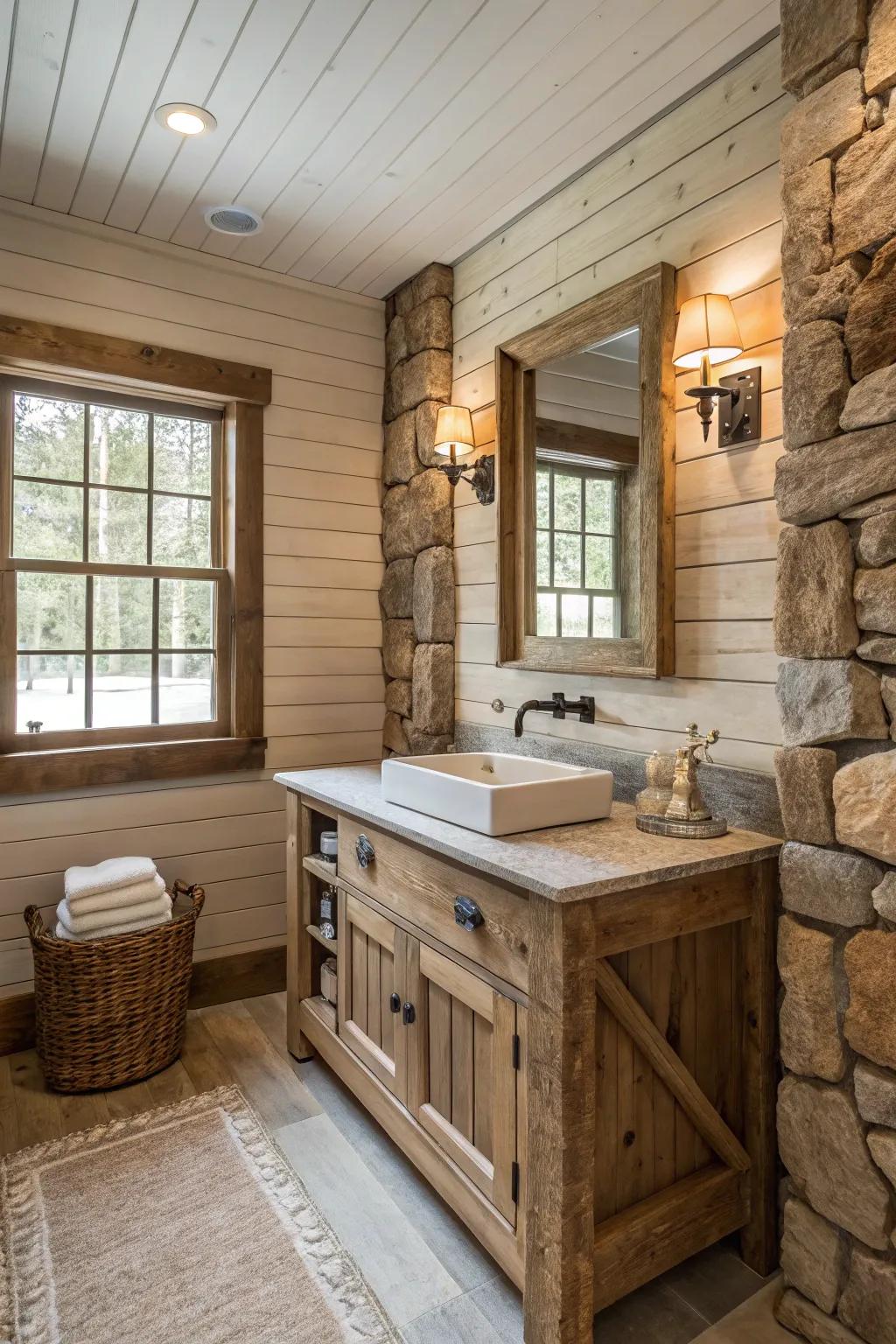 Textured materials add charm and character to this rustic bathroom.