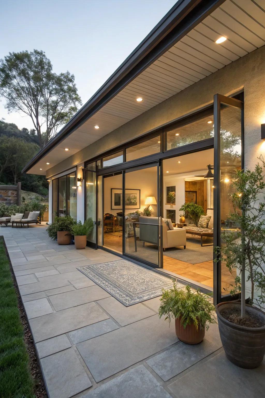 Sliding glass doors seamlessly merge indoor and outdoor spaces.