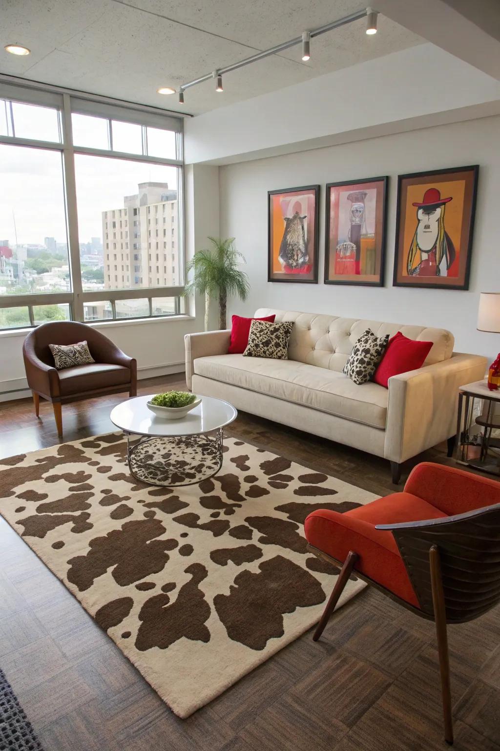 A cow print rug enhances texture and style in any room.
