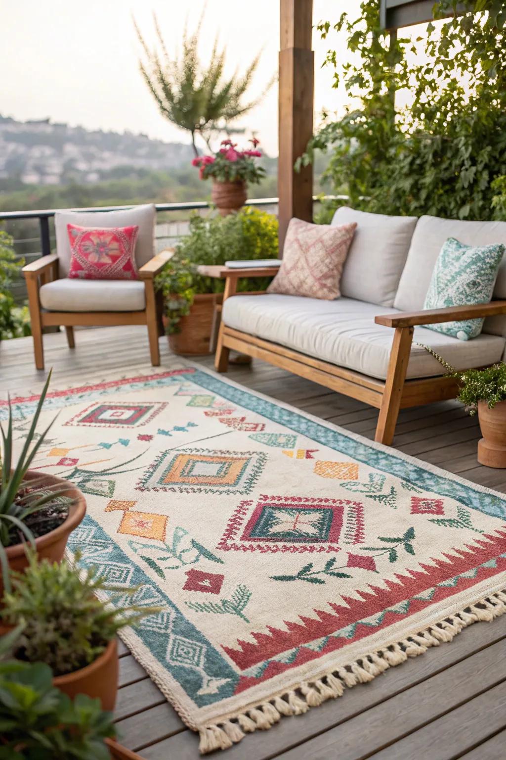 Outdoor rugs bring coziness and style.