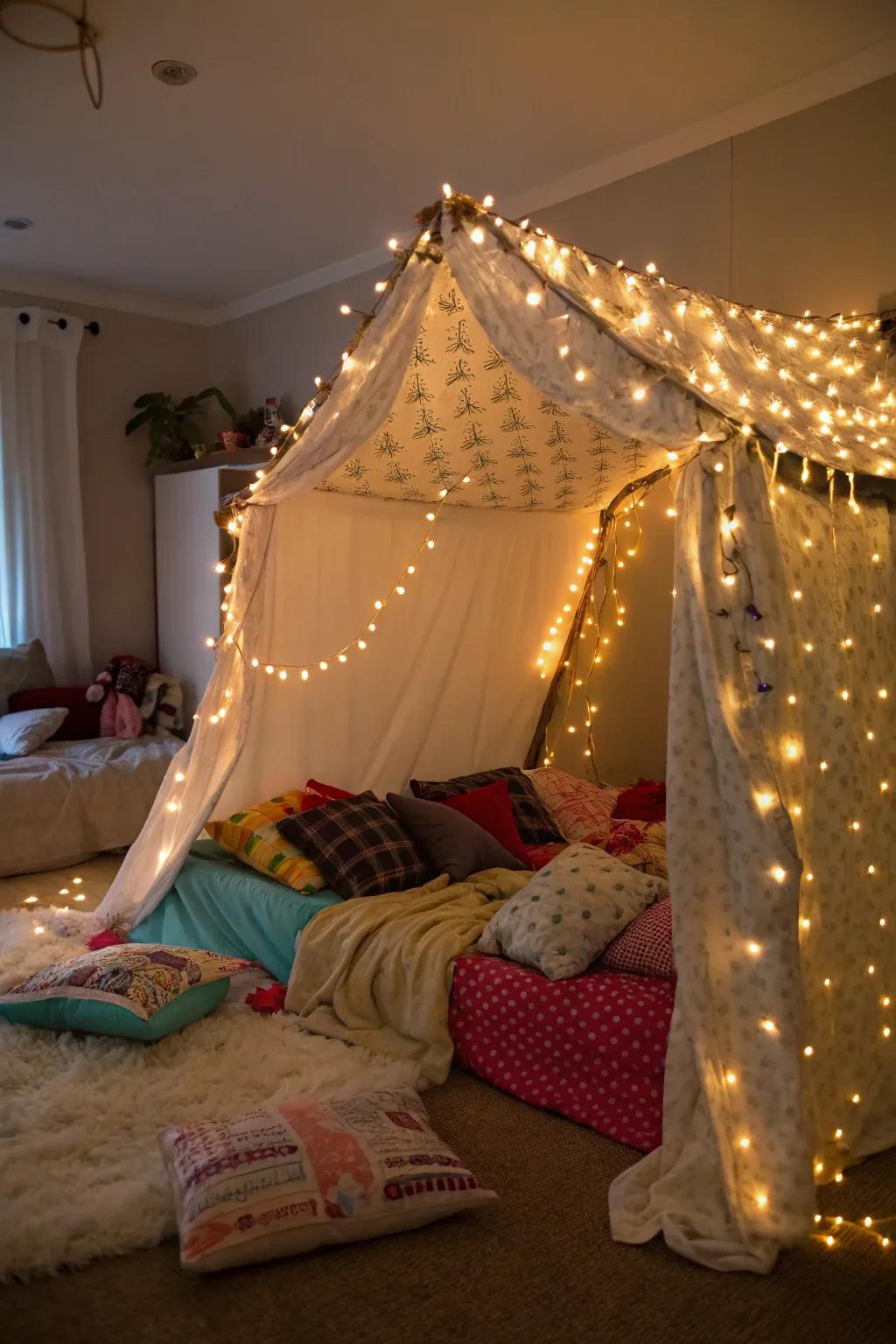 Twinkling lights bring a magical element to this comfortable retreat.