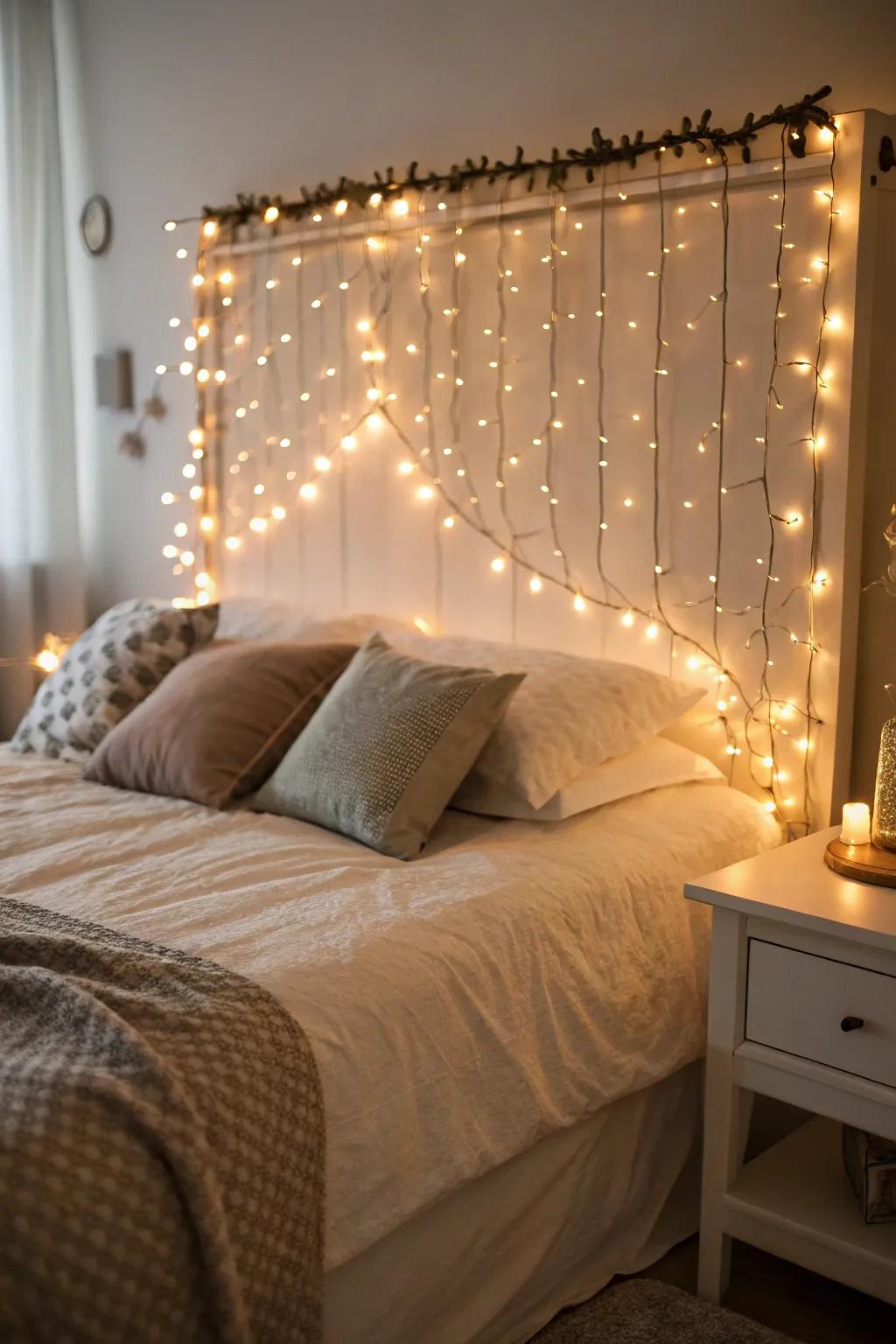 Headboard adorned with wrapped twinkle lights.
