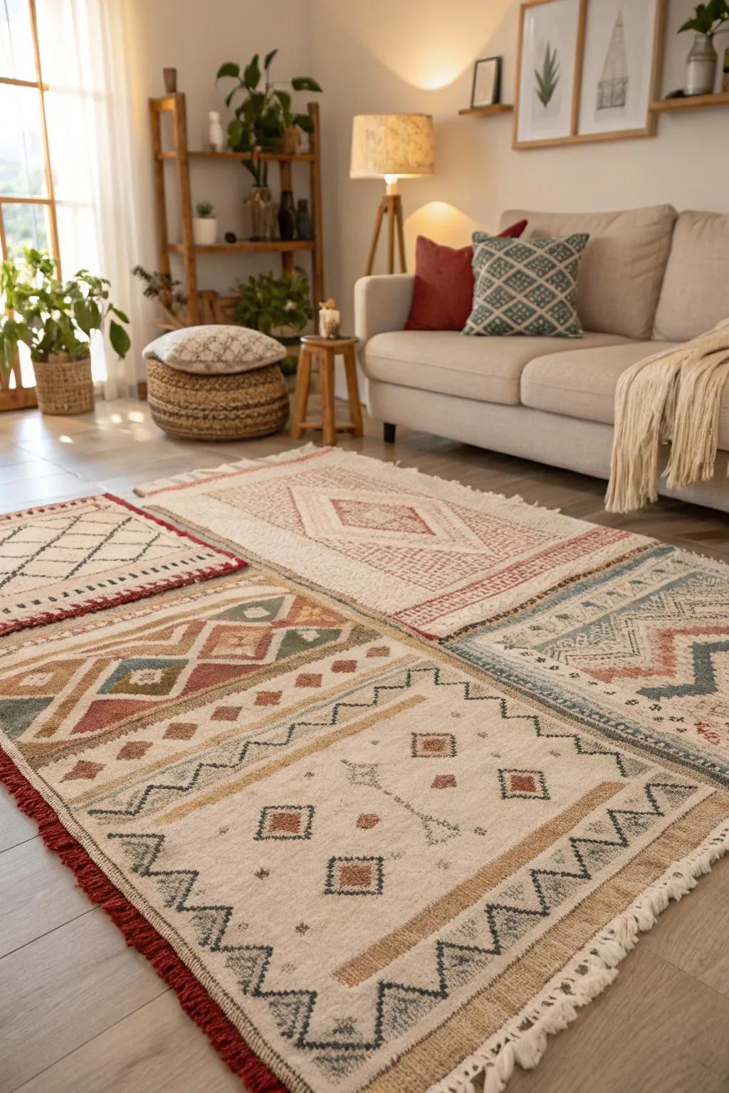Layered rugs enrich your floors with added texture and warmth.
