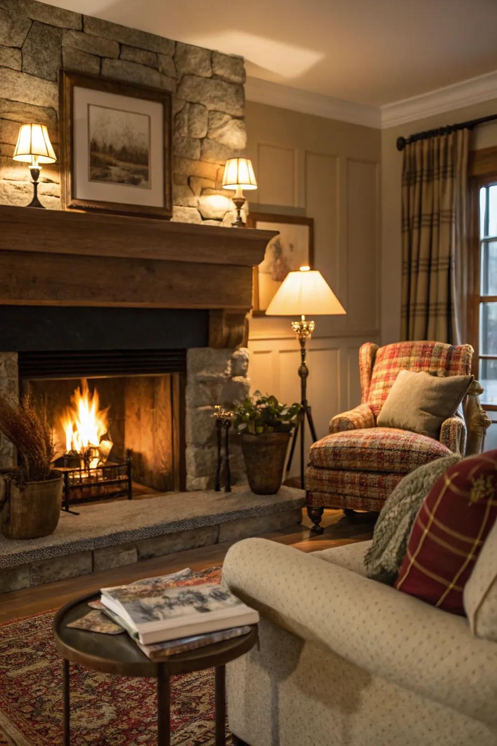 A hearth offers inherent light for an inviting atmosphere.