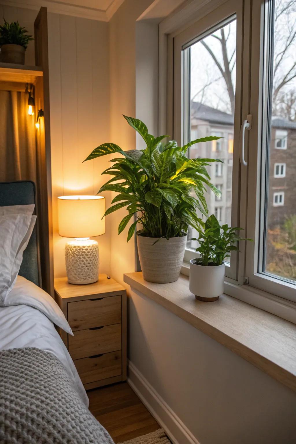 Houseplants fill compact bedrooms with vitality and tranquility.