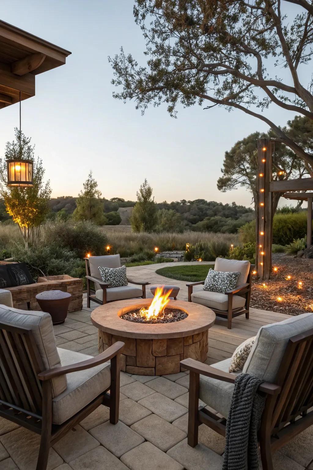 A hearth serves as a focal point for cozy gatherings.