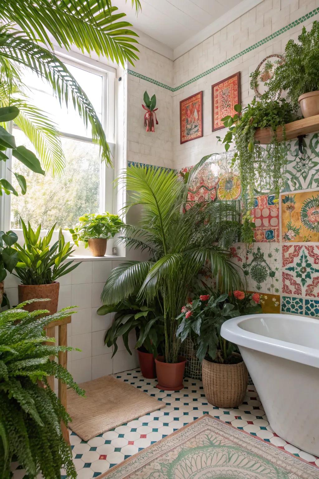A tropical-themed bathroom showcasing vibrant greenery.