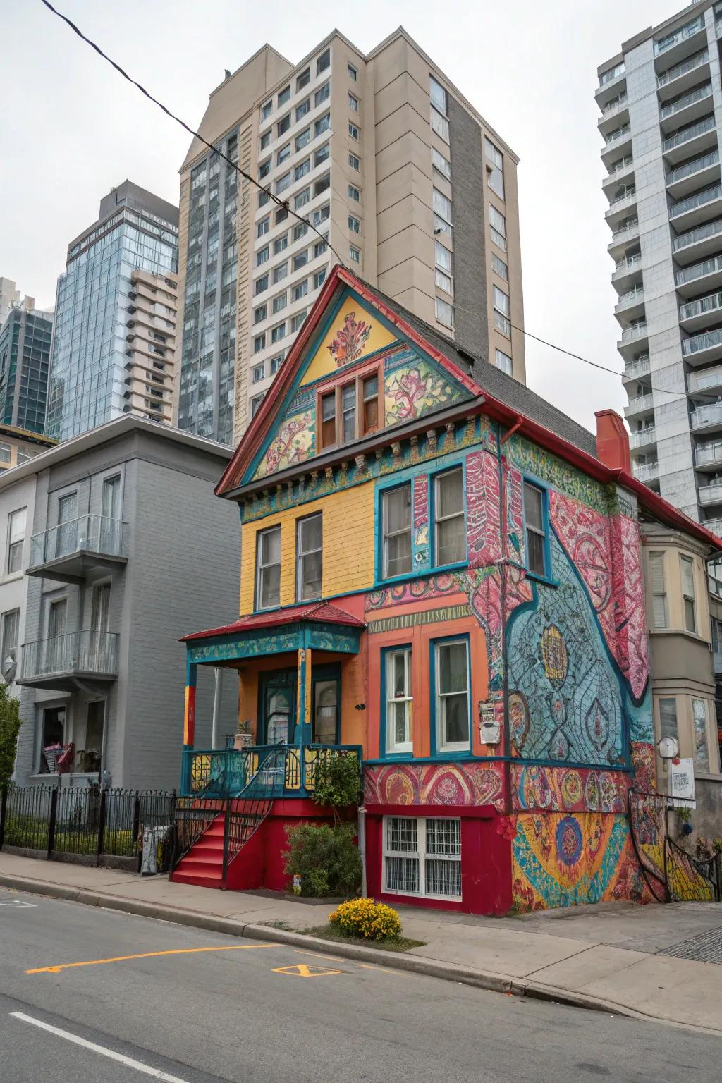 A house embracing vibrant colors and patterns, creating a standout in the urban landscape.