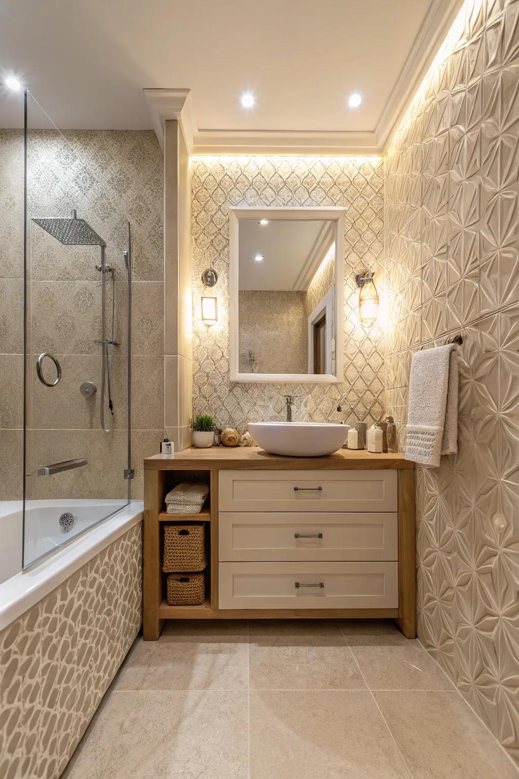 Textured tiles introduce a layer of dimension in this cream bathroom.