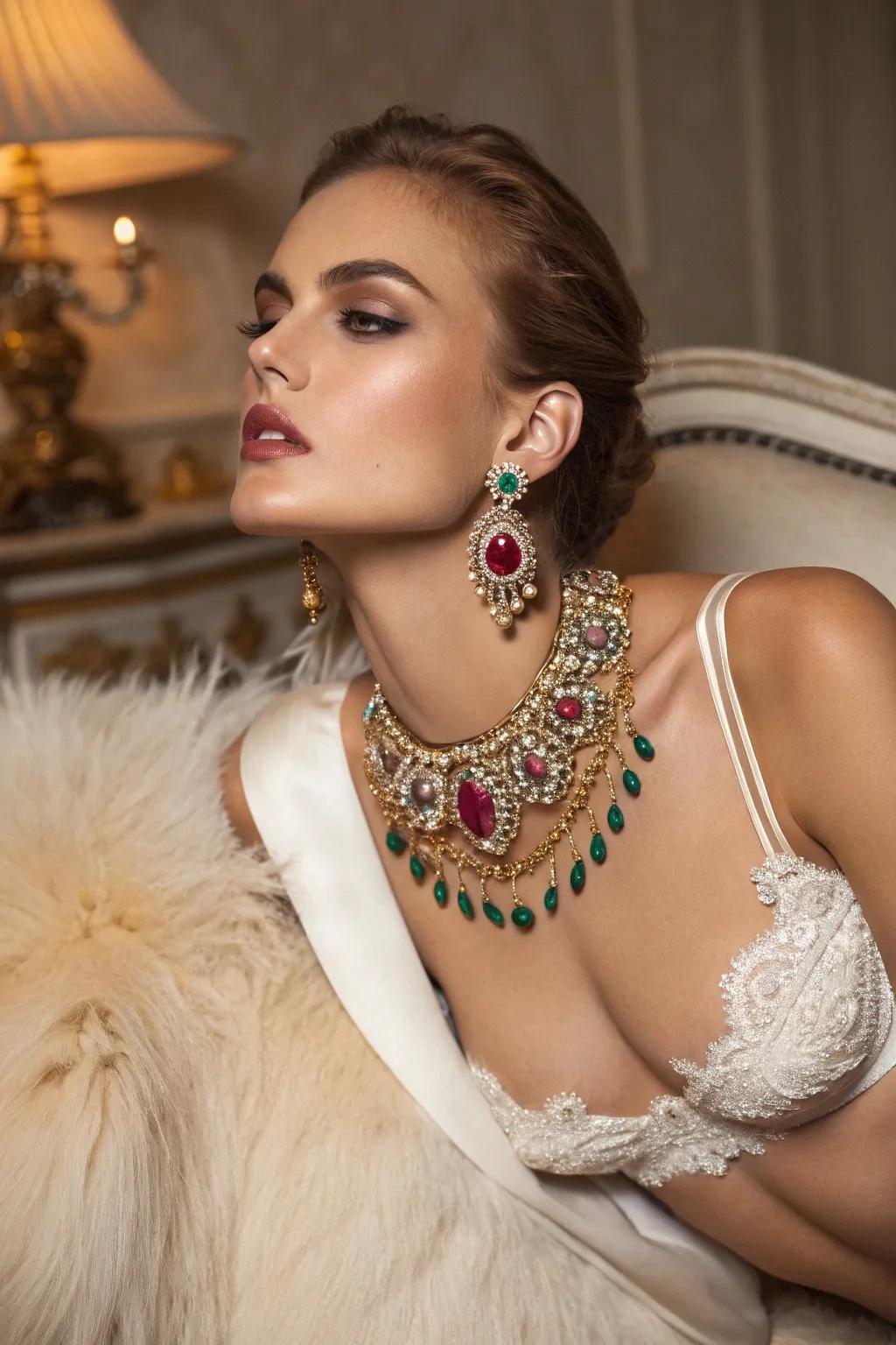 Eye-catching baubles contribute a sprinkle of radiance to the boudoir.