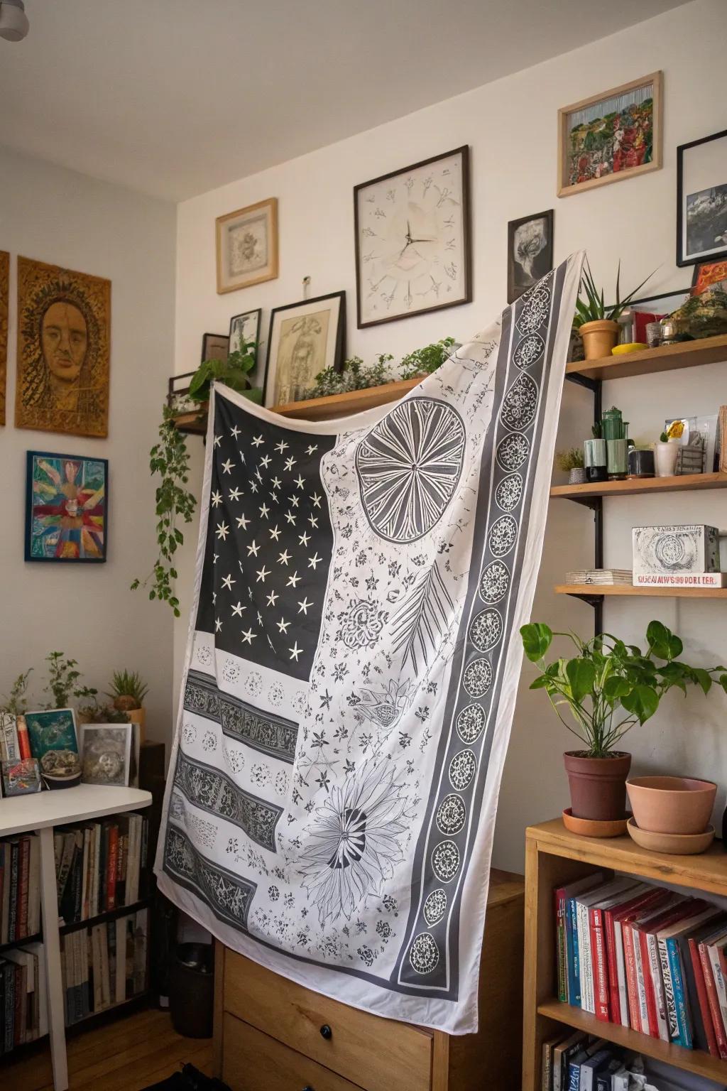 A complex pattern banner serves as an artistic centerpiece in your space.