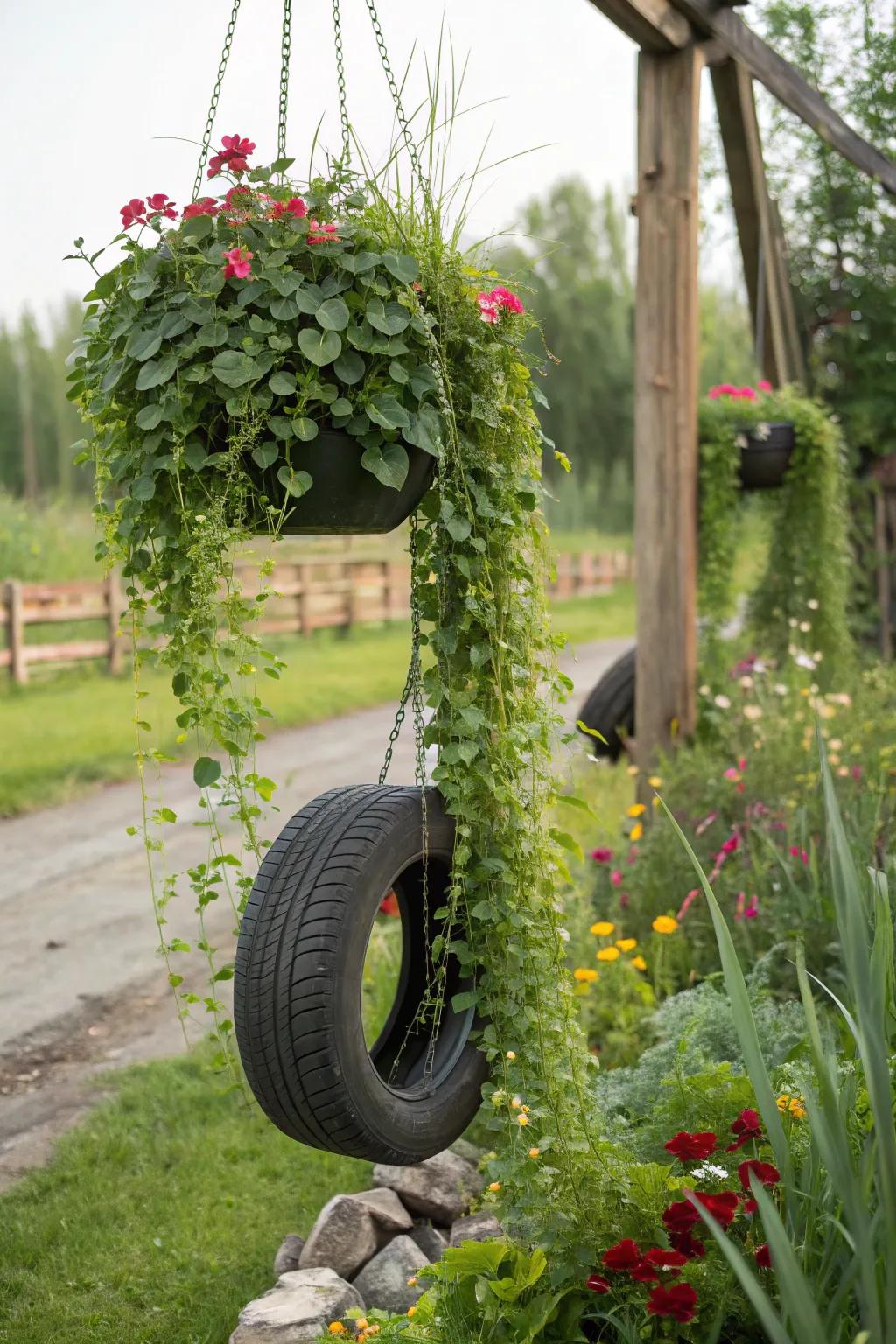 Fanciful suspended tire gardens lending allure to the garden.