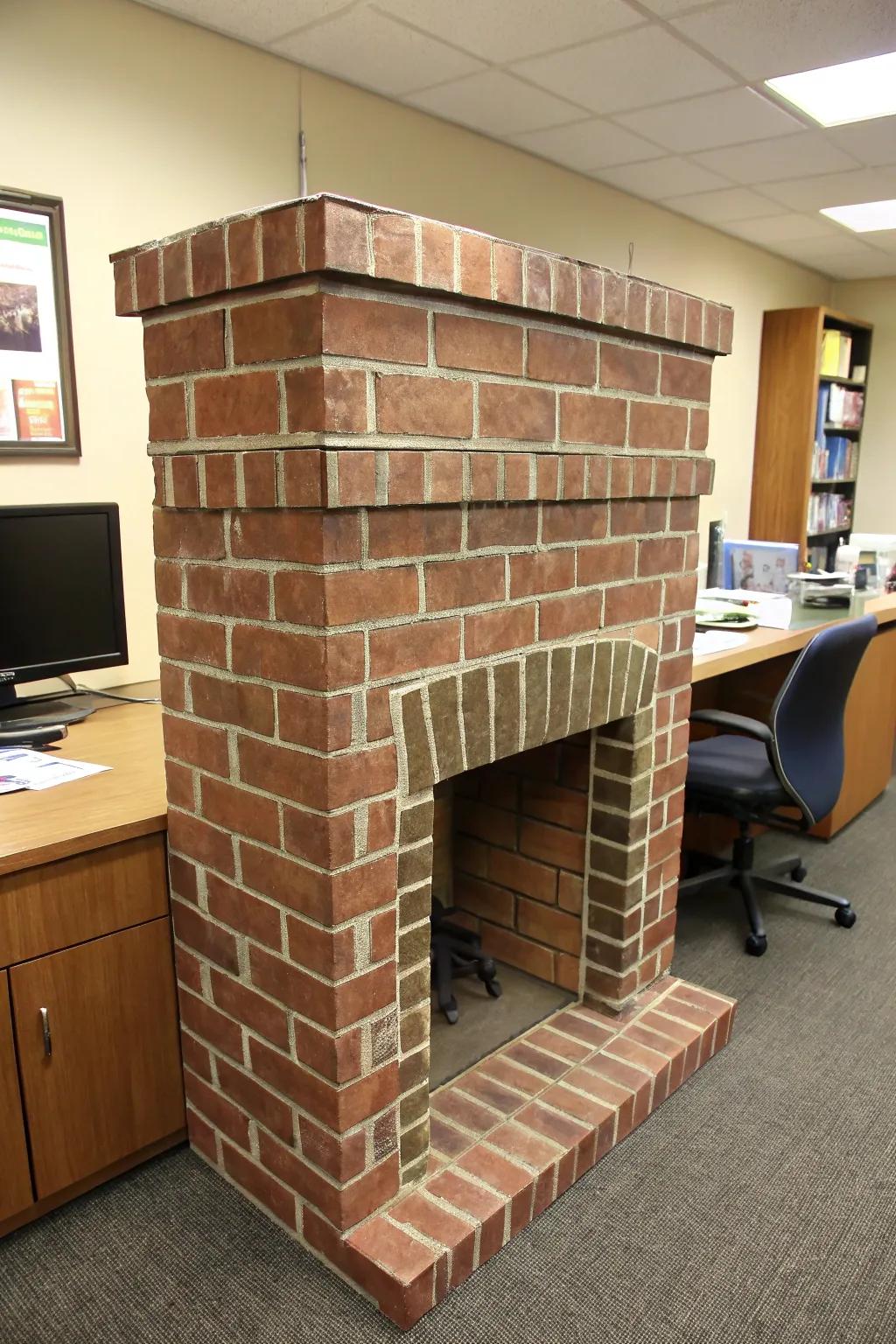 A pretend hearth brings warmth and coziness to the office ornaments.